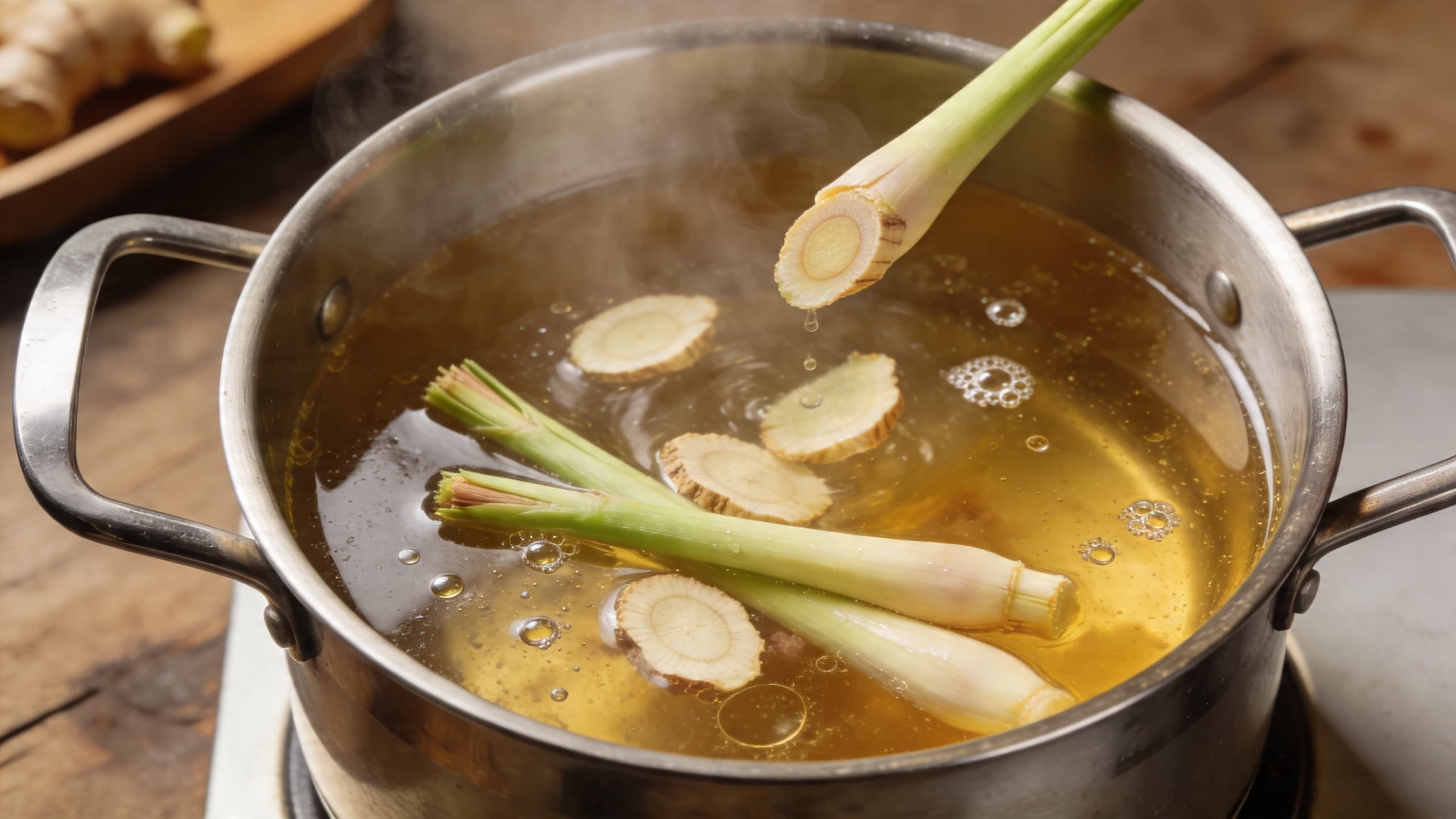 Image 1: A simmering pot of golden meat brodo with stalks of bruised lemongrass and discs of galangal floating on the surface