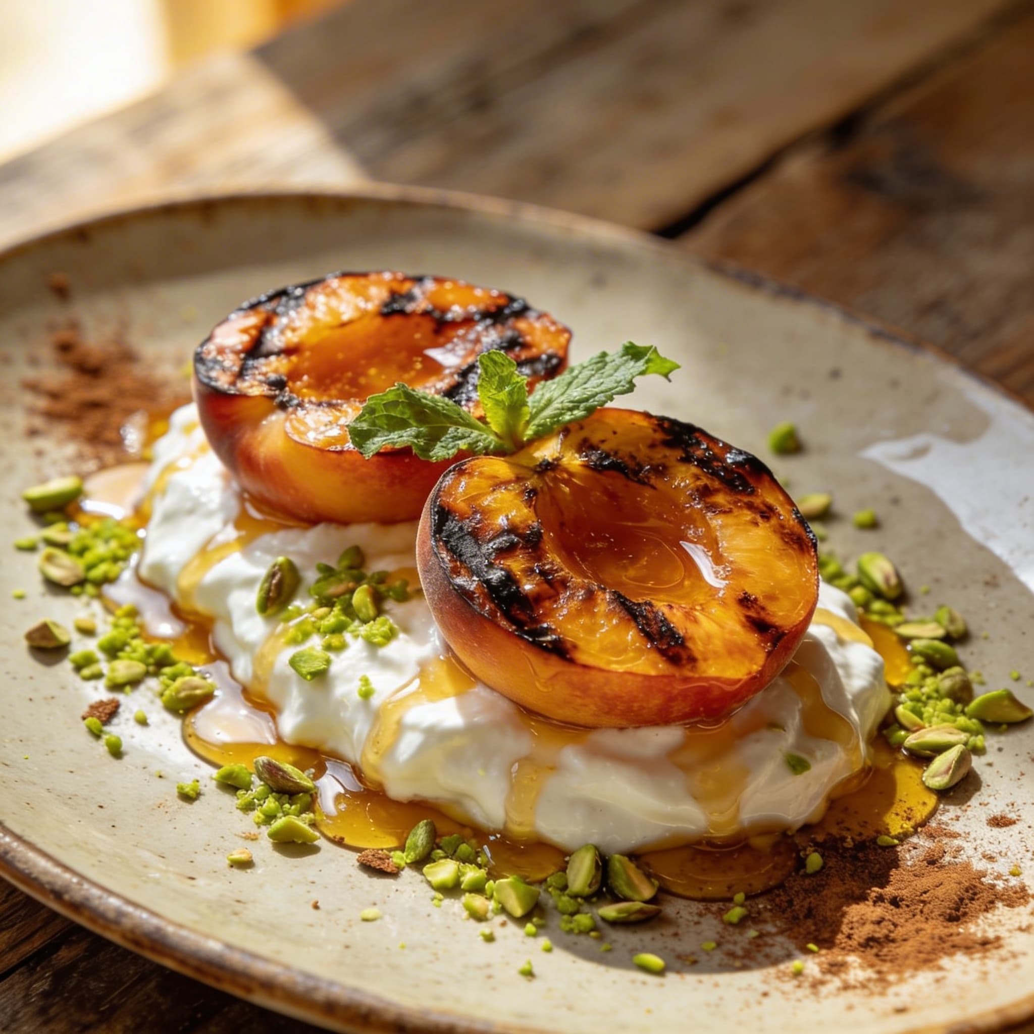 Hearth-Seared Peaches with Honey-Infused Yogurt