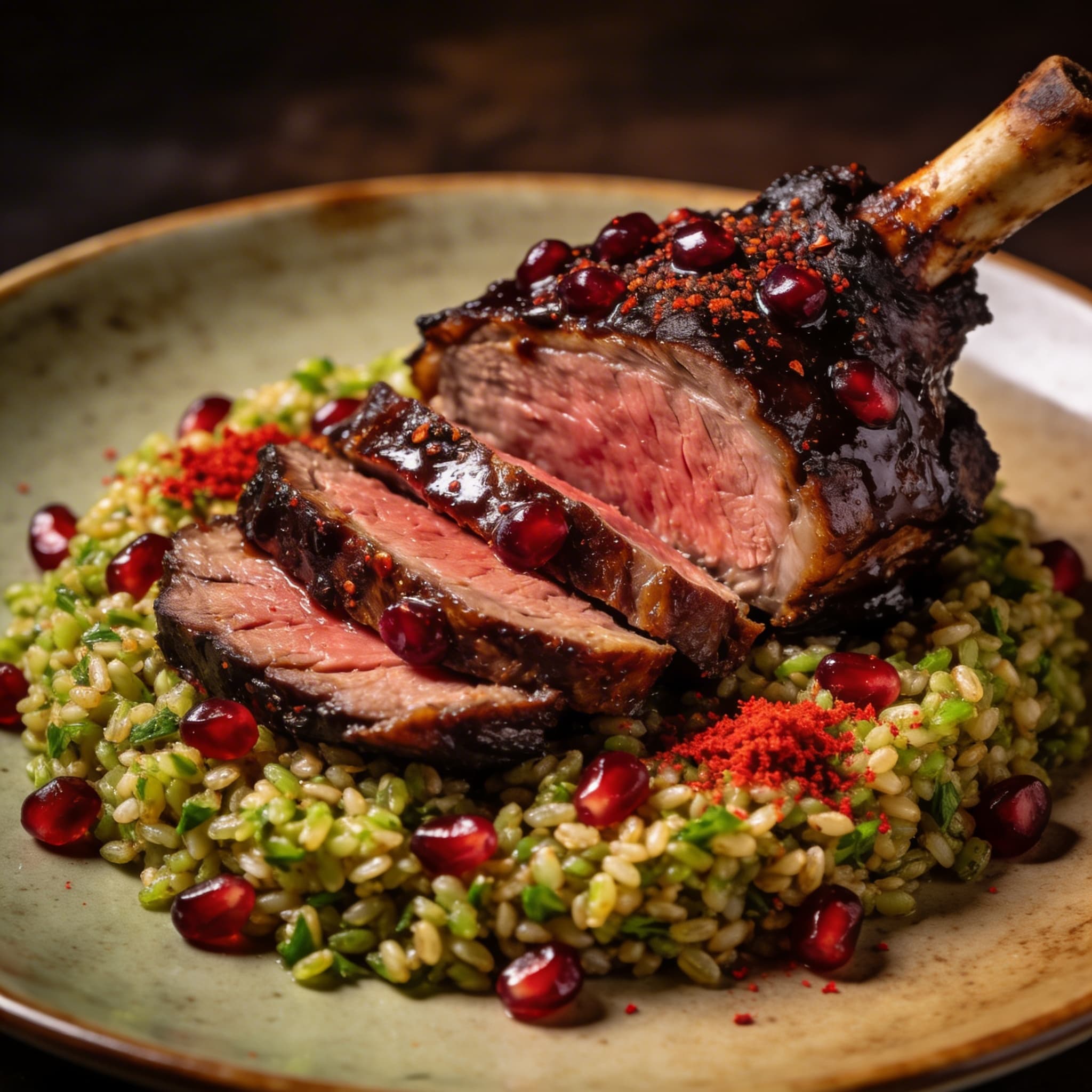 Pomegranate-Sumac Smoked Lamb with Herbed Freekeh