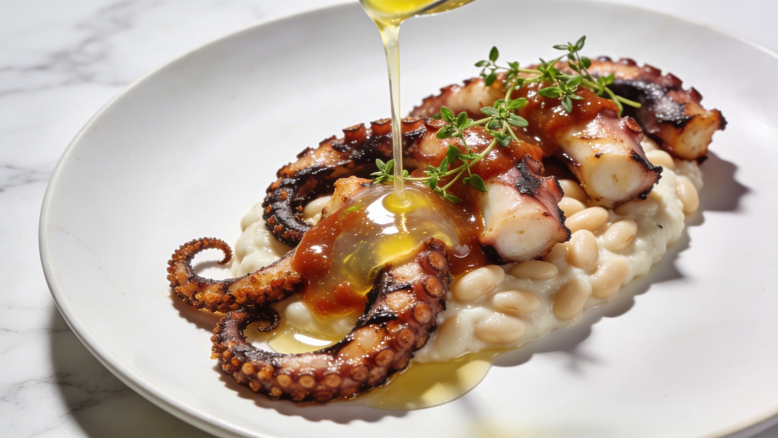 Charred octopus tentacles resting on a bed of white bean puree, drizzled with a glossy, translucent orange 'nduja and lemon vinaigrette.