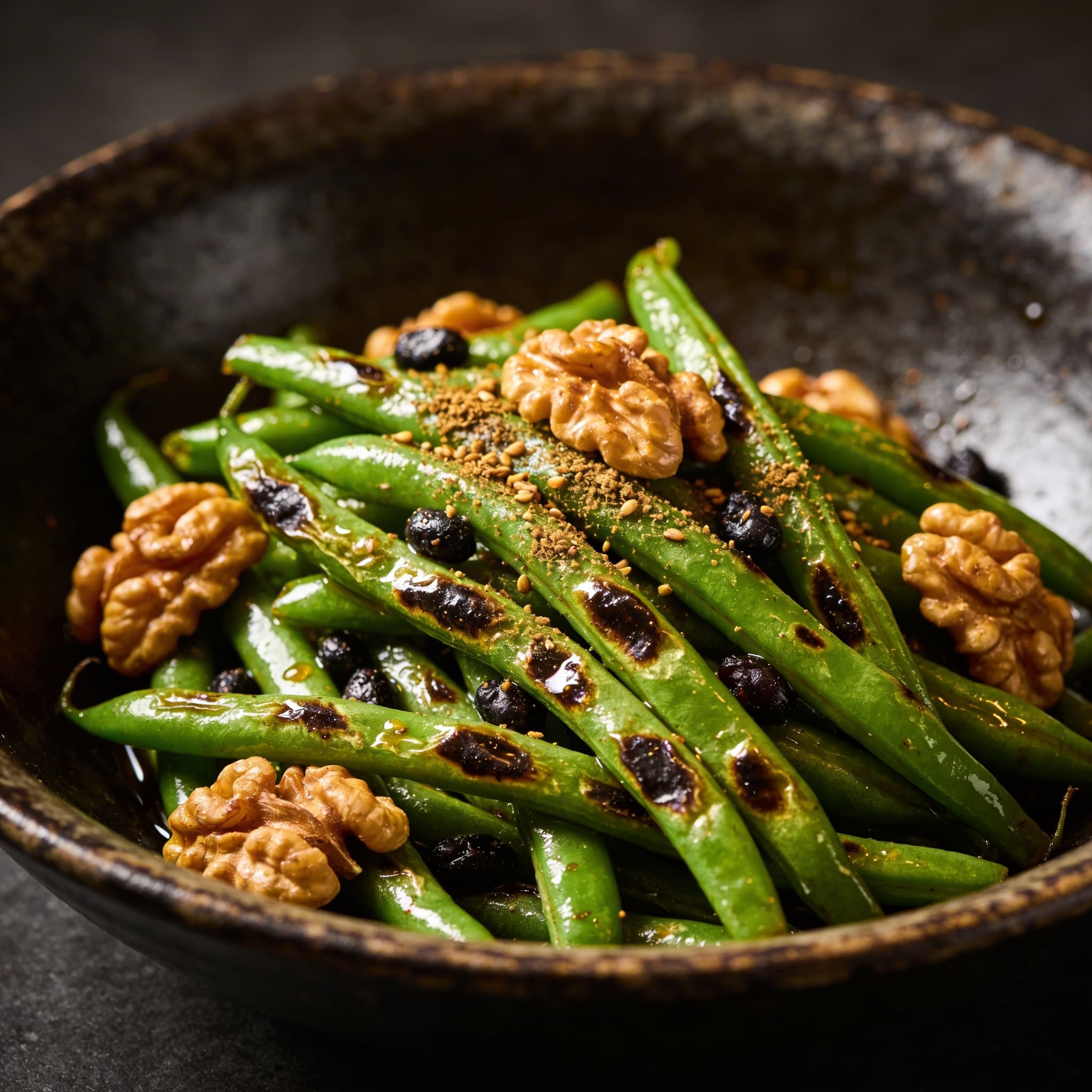 Blistered Silk Road Beans with Walnut Crumble