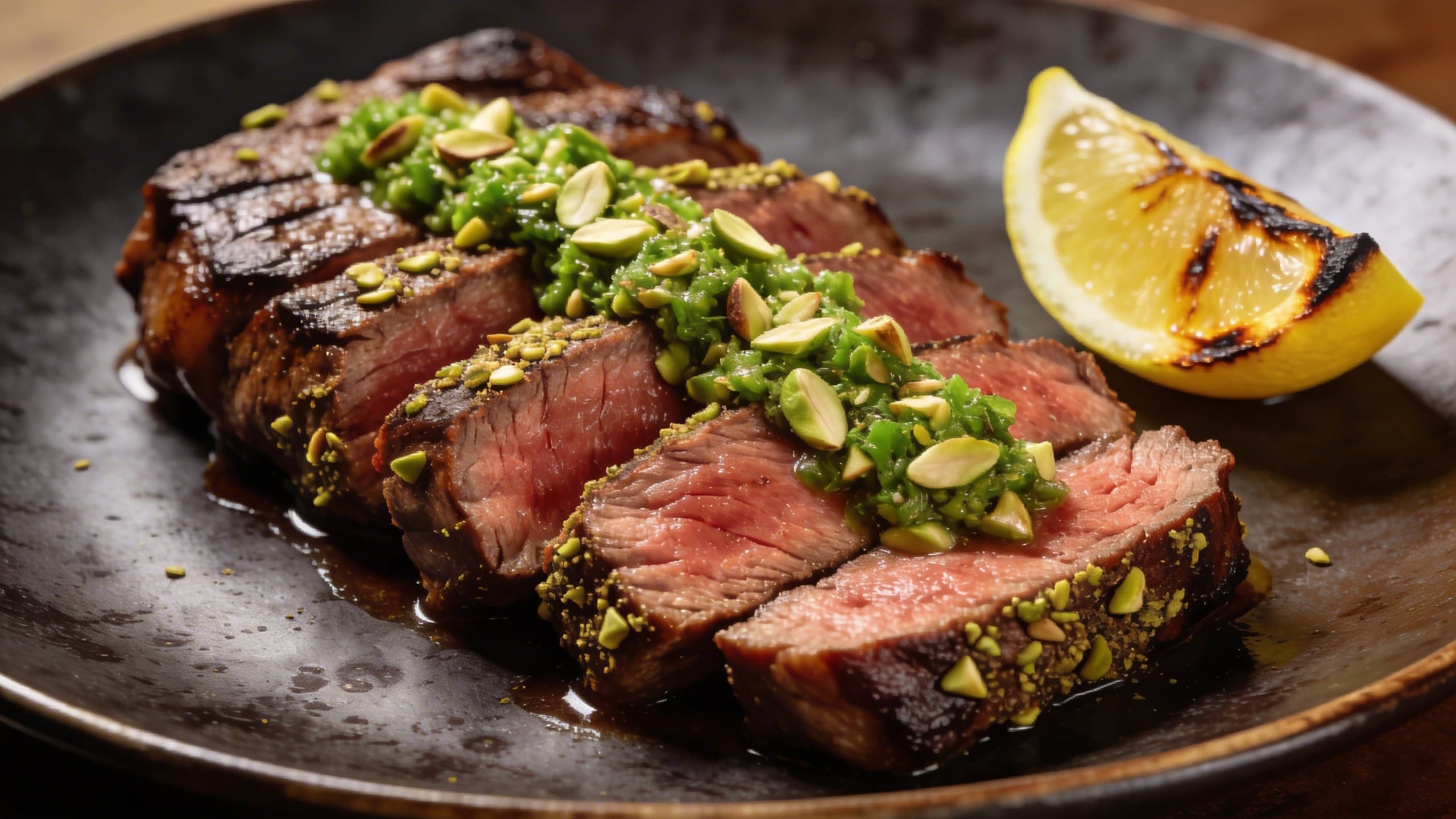 A perfectly sliced, medium-rare espresso-pistachio rubbed steak on a dark ceramic plate, garnished with a bright green pistachio gremolata and charred lemon.