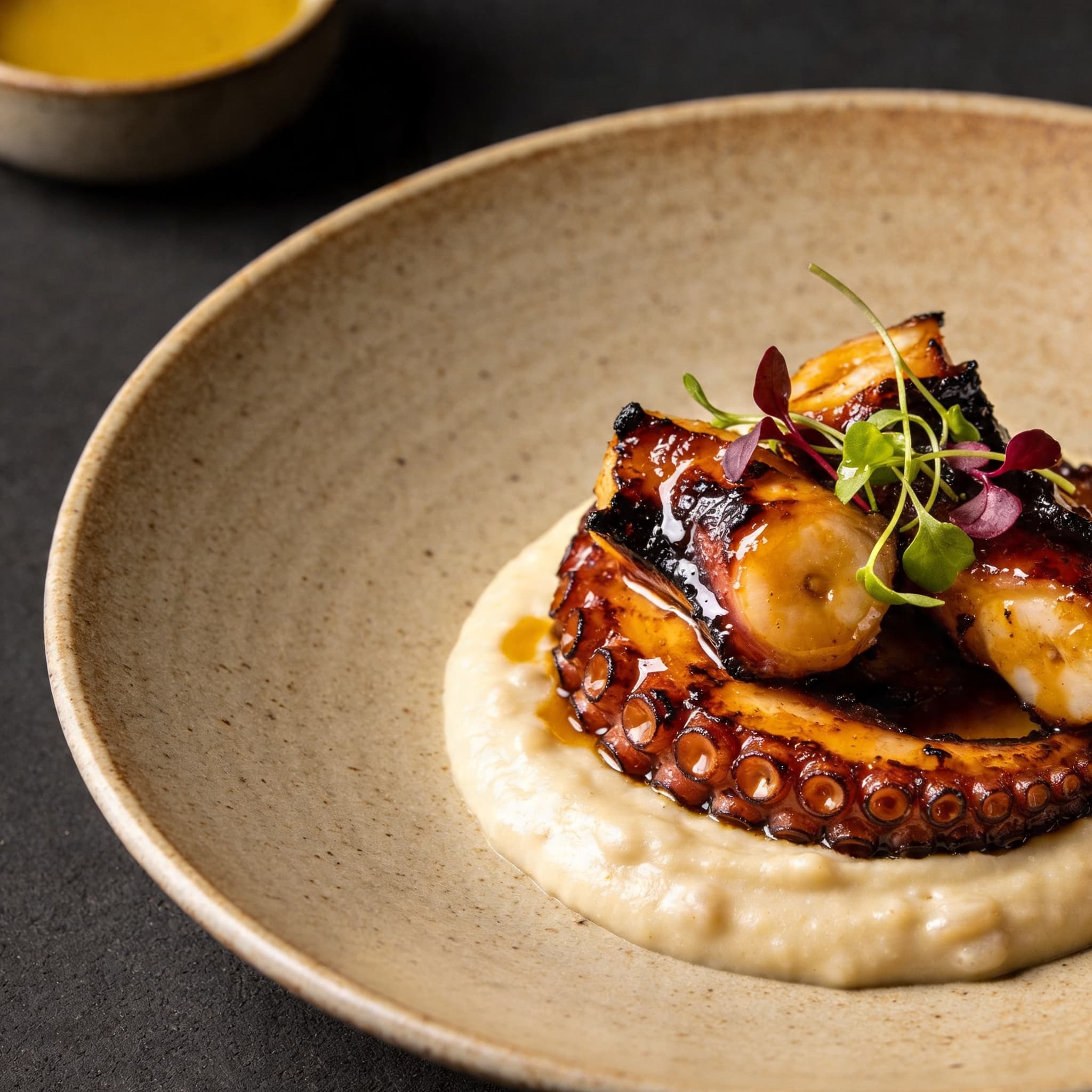 Smoky Bourbon-Glazed Charred Octopus over Silken White Bean Purée