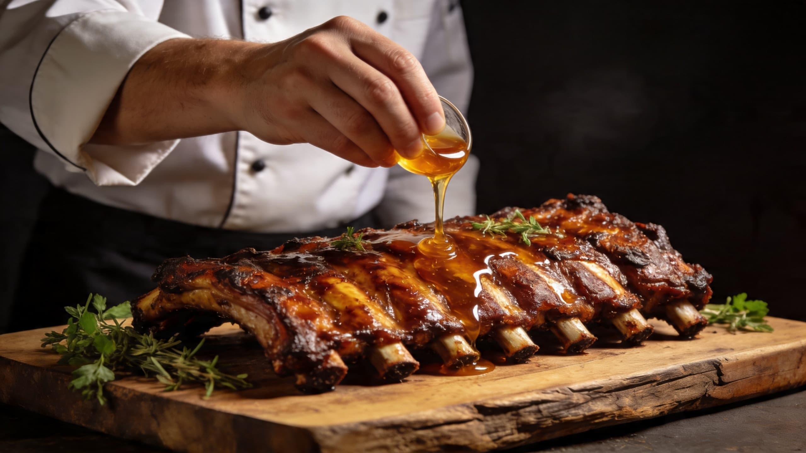 A chef's hand drizzling a glossy, translucent amber glaze over a rack of ribs, the liquid catching the light against a dark background.