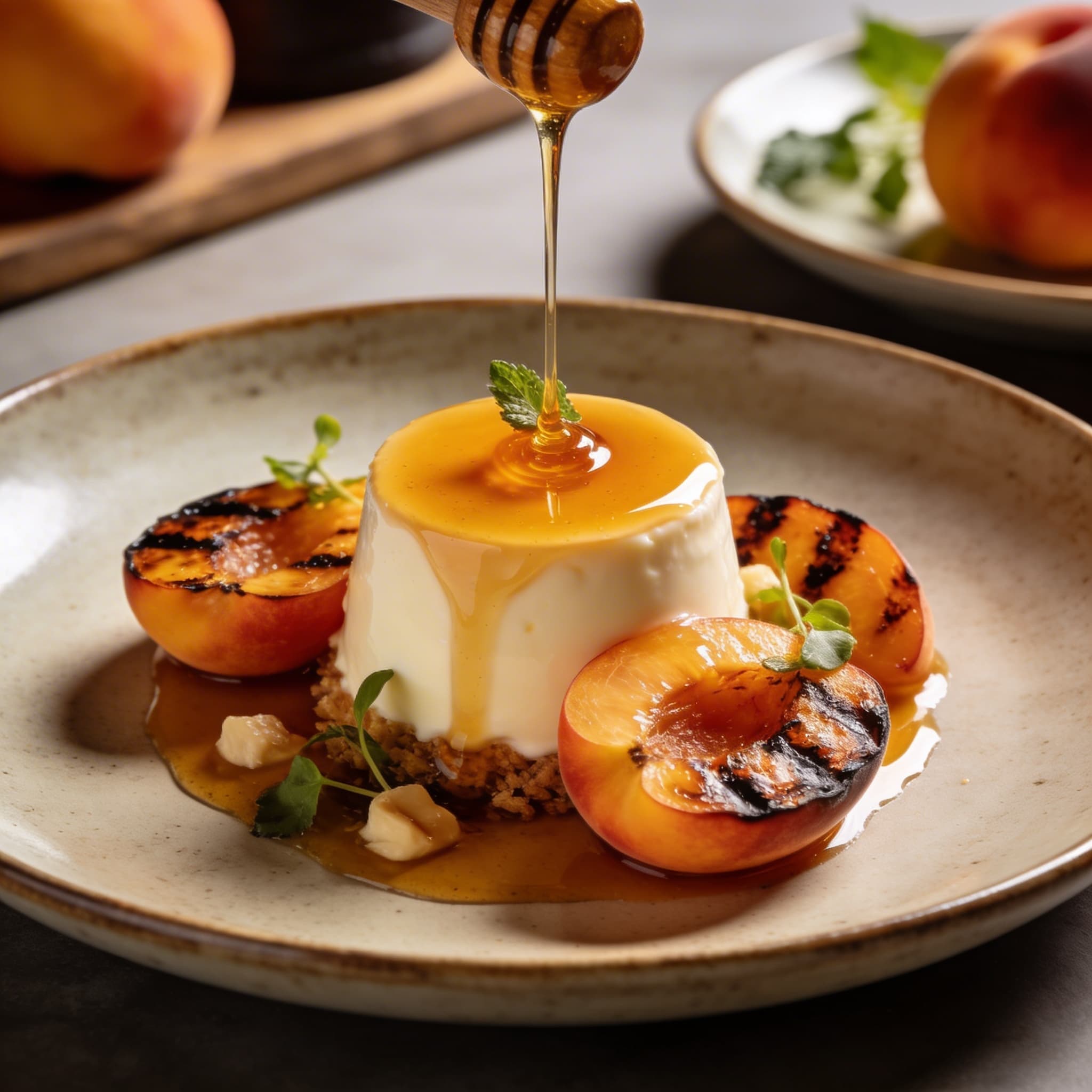 Honey Panna Cotta with Hearth-Charred Peaches