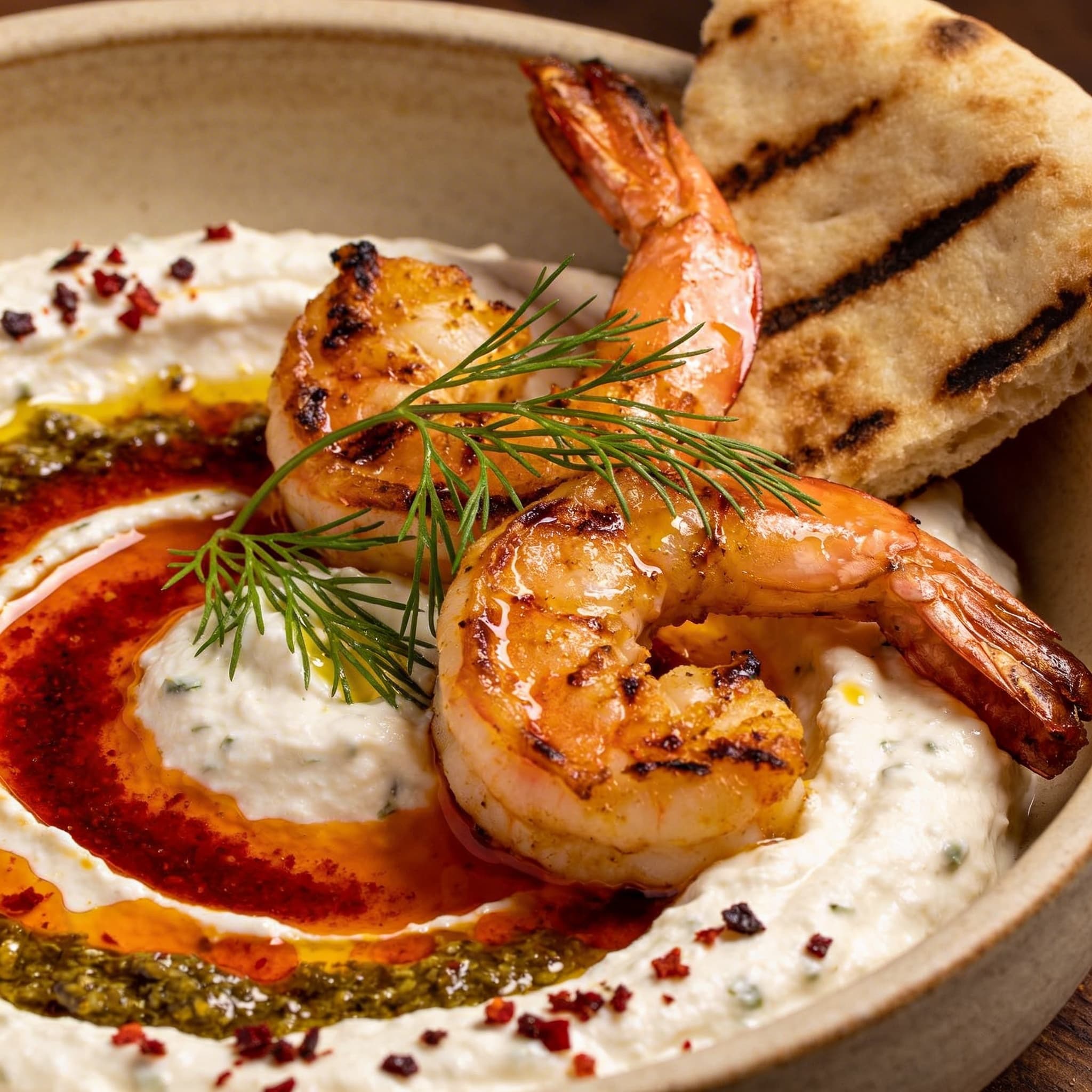 Hearth-Seared Aleppo Shrimp over Whipped Garlic Yogurt
