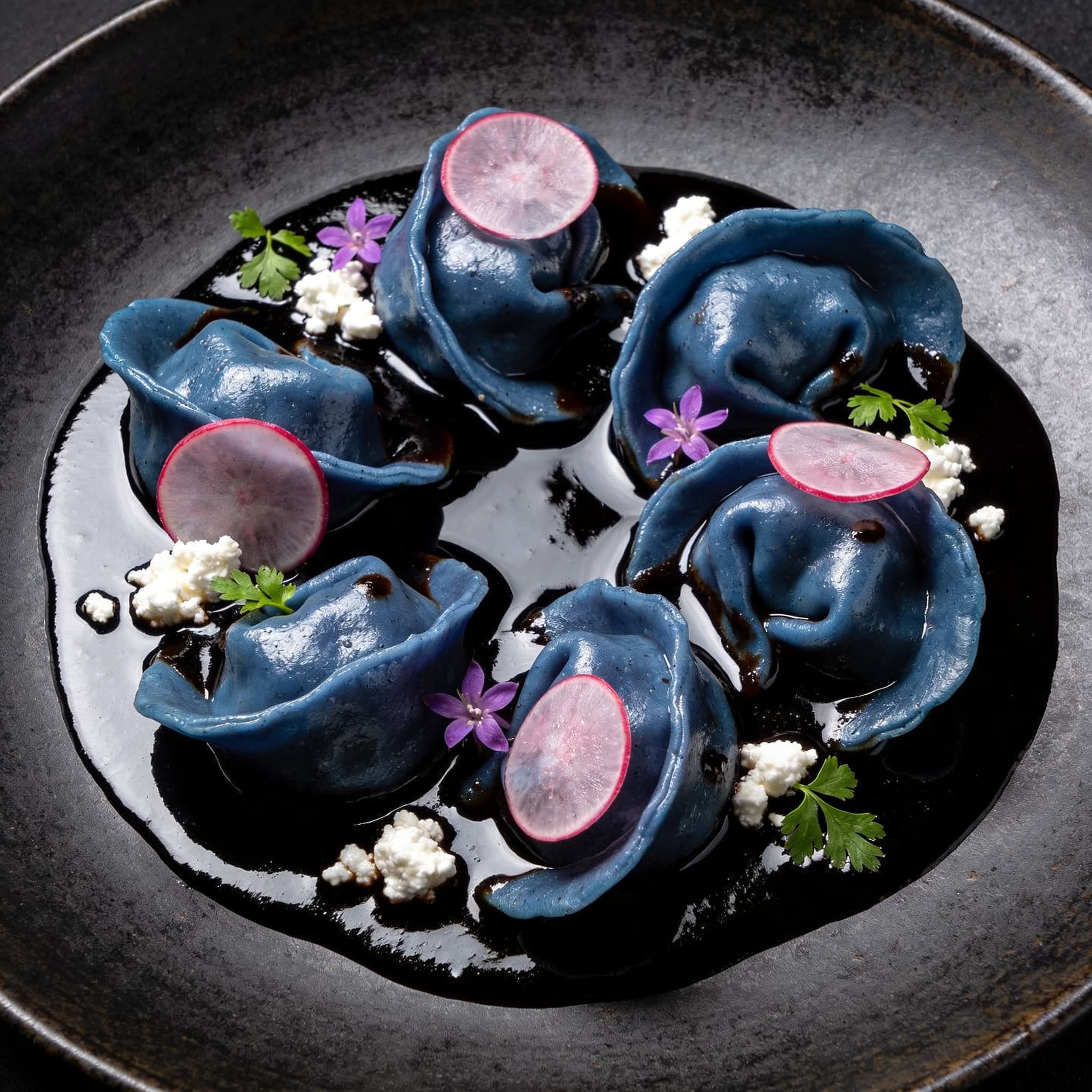 Blue Corn Duck Tortellini in Mole Nero