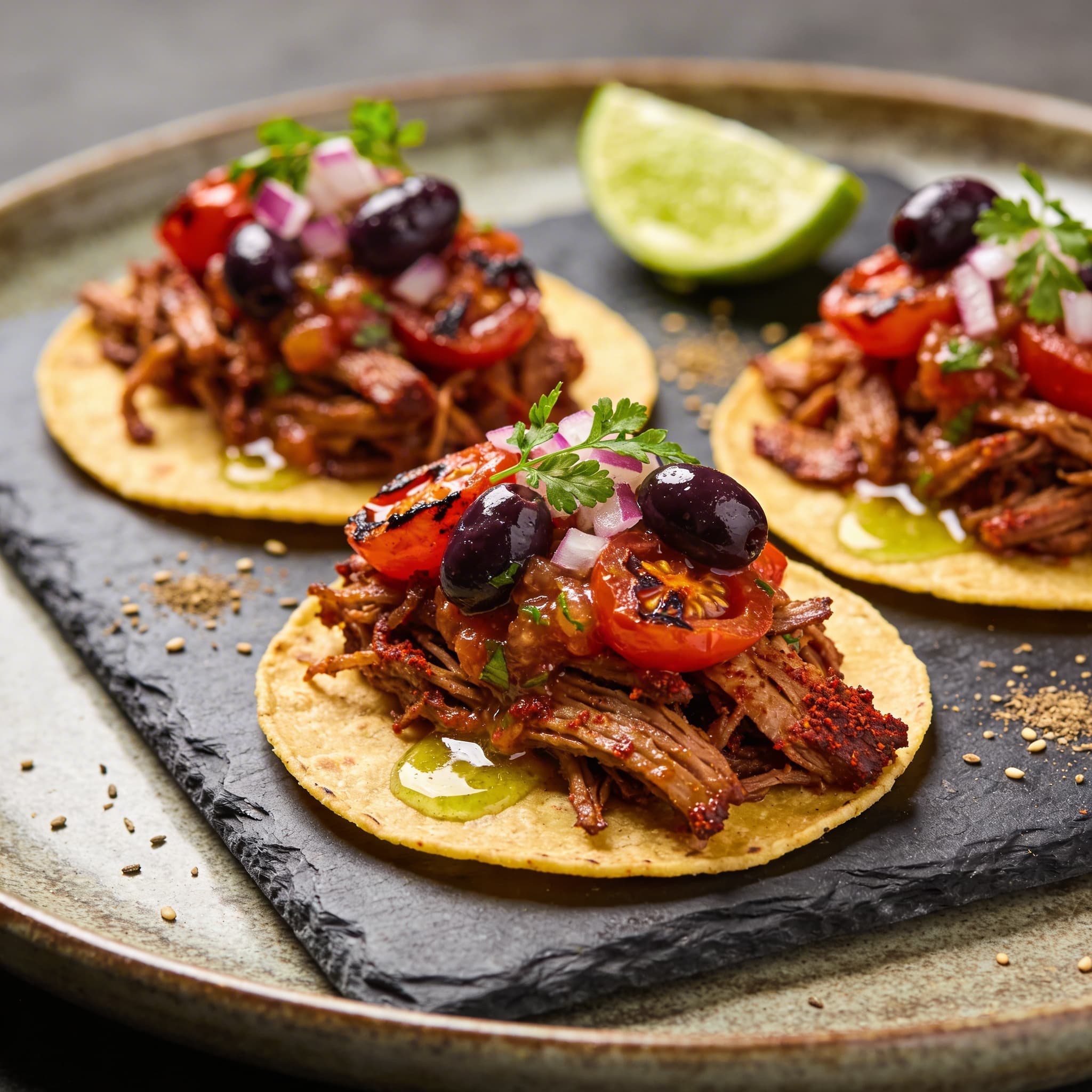Smoked Chipotle Pork Tacos with Blistered Tomato & Olive Salsa