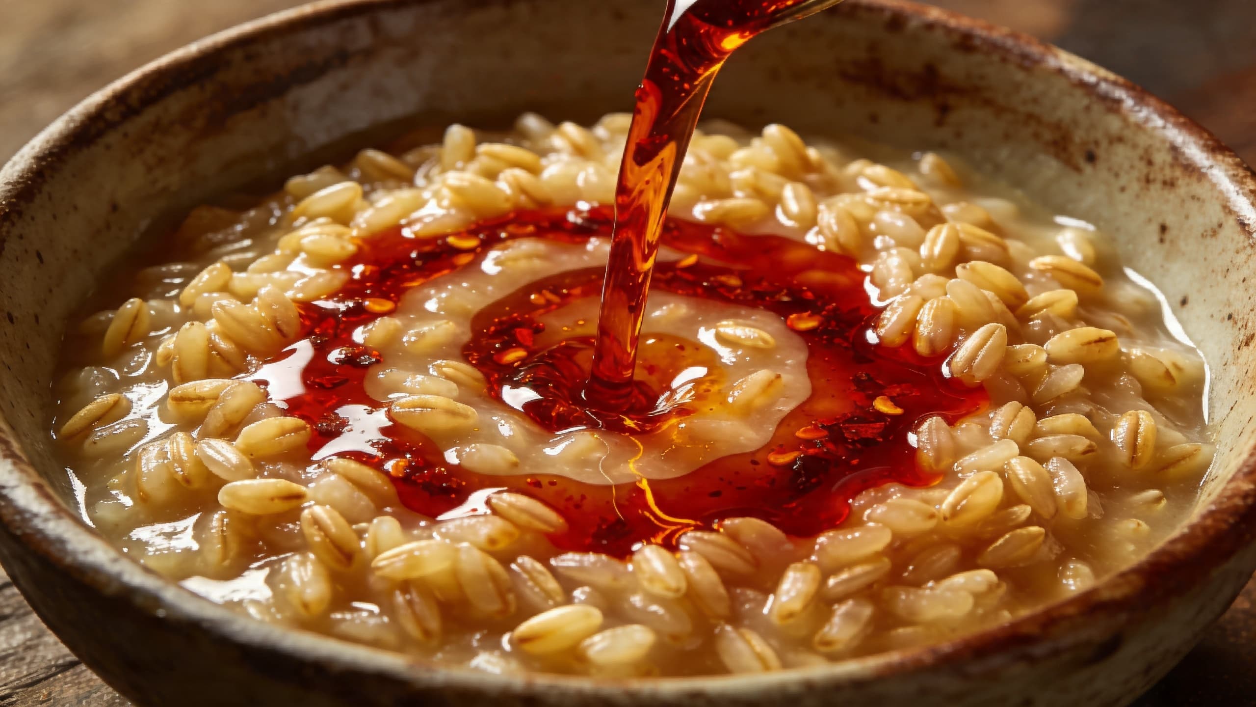 A close-up of vibrant red chili oil swirling into a creamy, pale gold farro risotto, showing the separation of fat and grain.