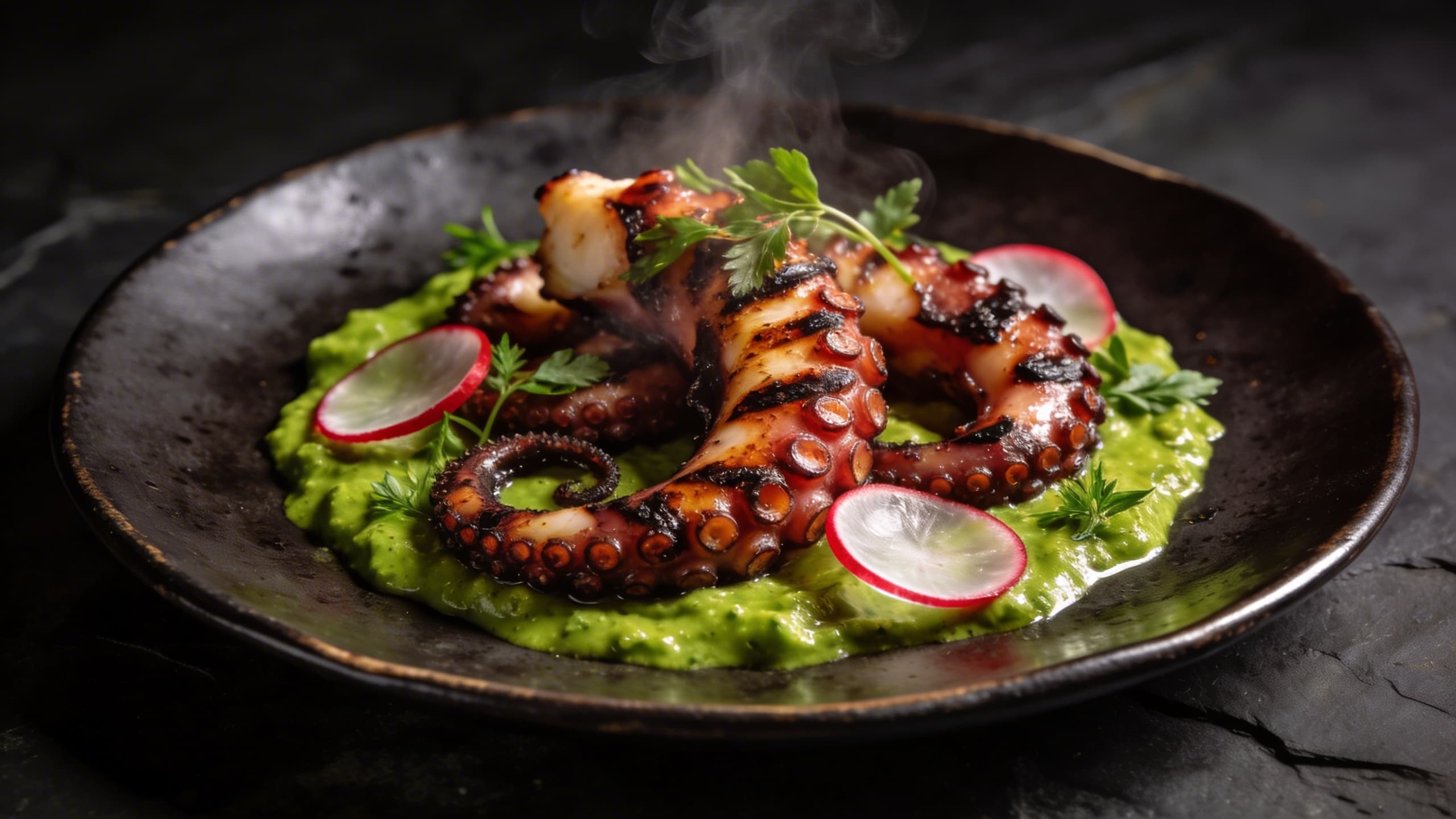 The finished dish: Charred, smoky octopus tentacles resting on a bed of vibrant salsa verde, garnished with pickled radishes and microgreens.