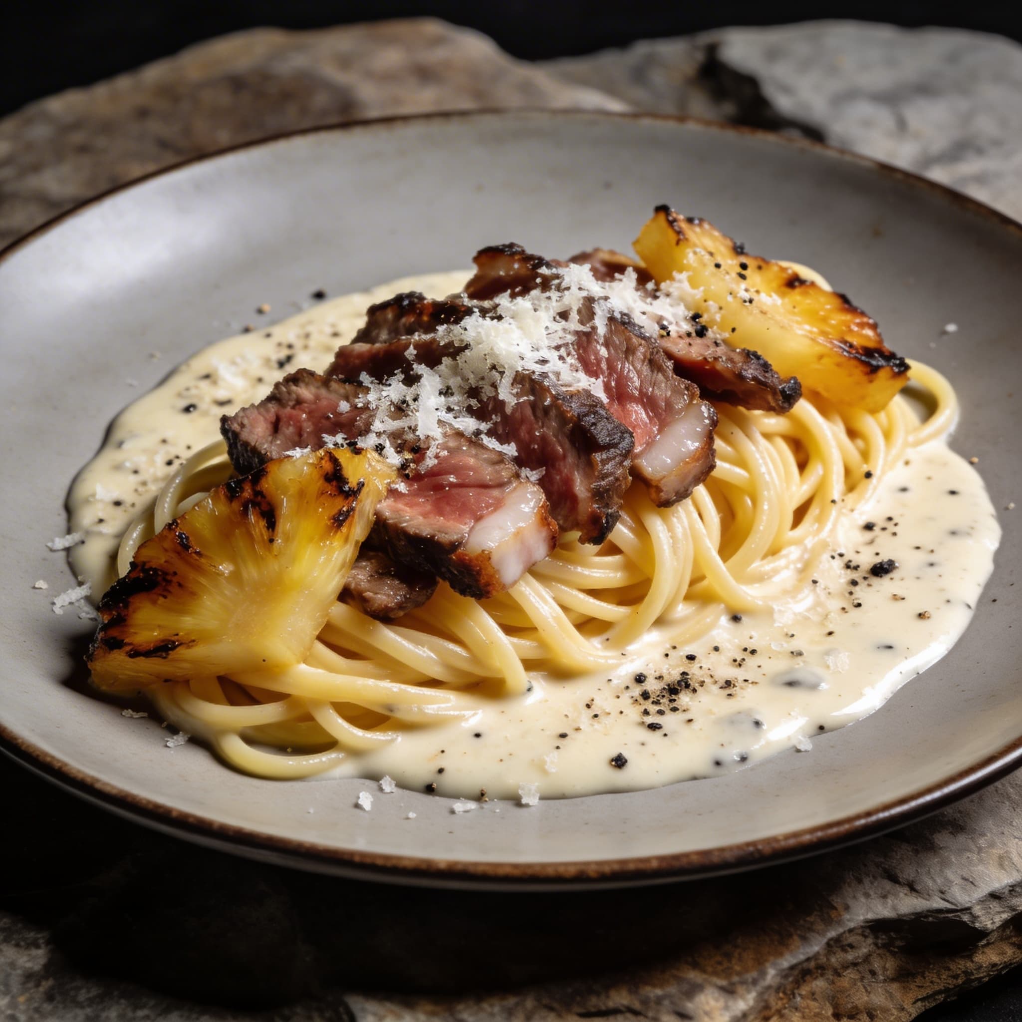Cacio e Pepe con Picanha e Ananas alla Griglia