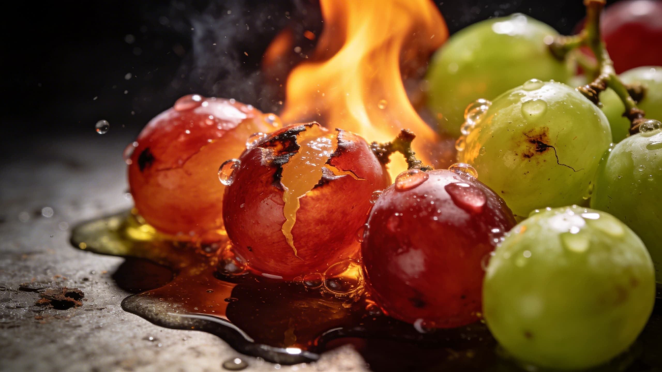 A macro shot of red and green grapes just as their skins begin to crack and bubble under a high-intensity flame, showing glistening droplets of juice and a light char.