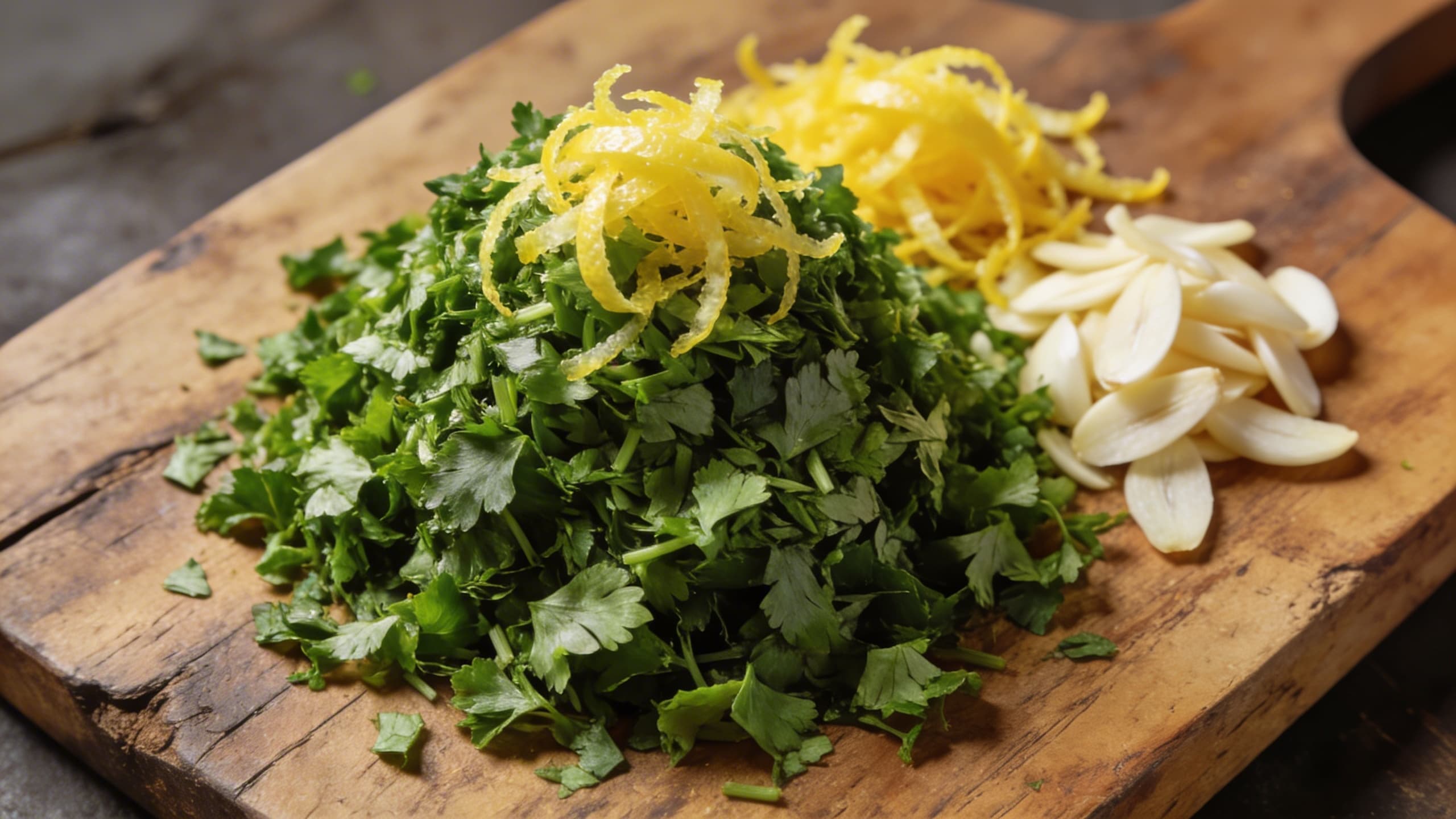 A rustic wooden board featuring a mountain of finely hand-minced flat-leaf parsley, bright yellow lemon zest, and ivory garlic slivers, illuminated by soft natural light.