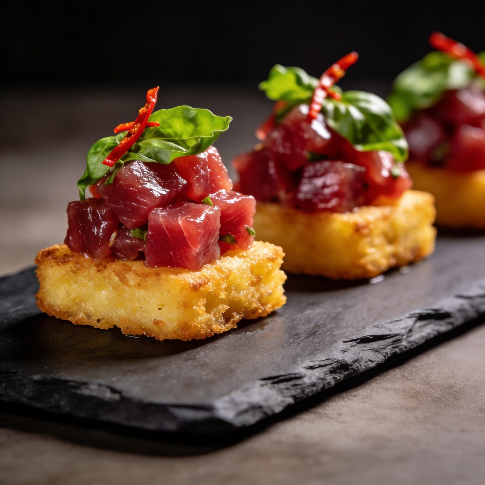 Crispy Polenta Crostini with Thai-Basil Tuna Tartare