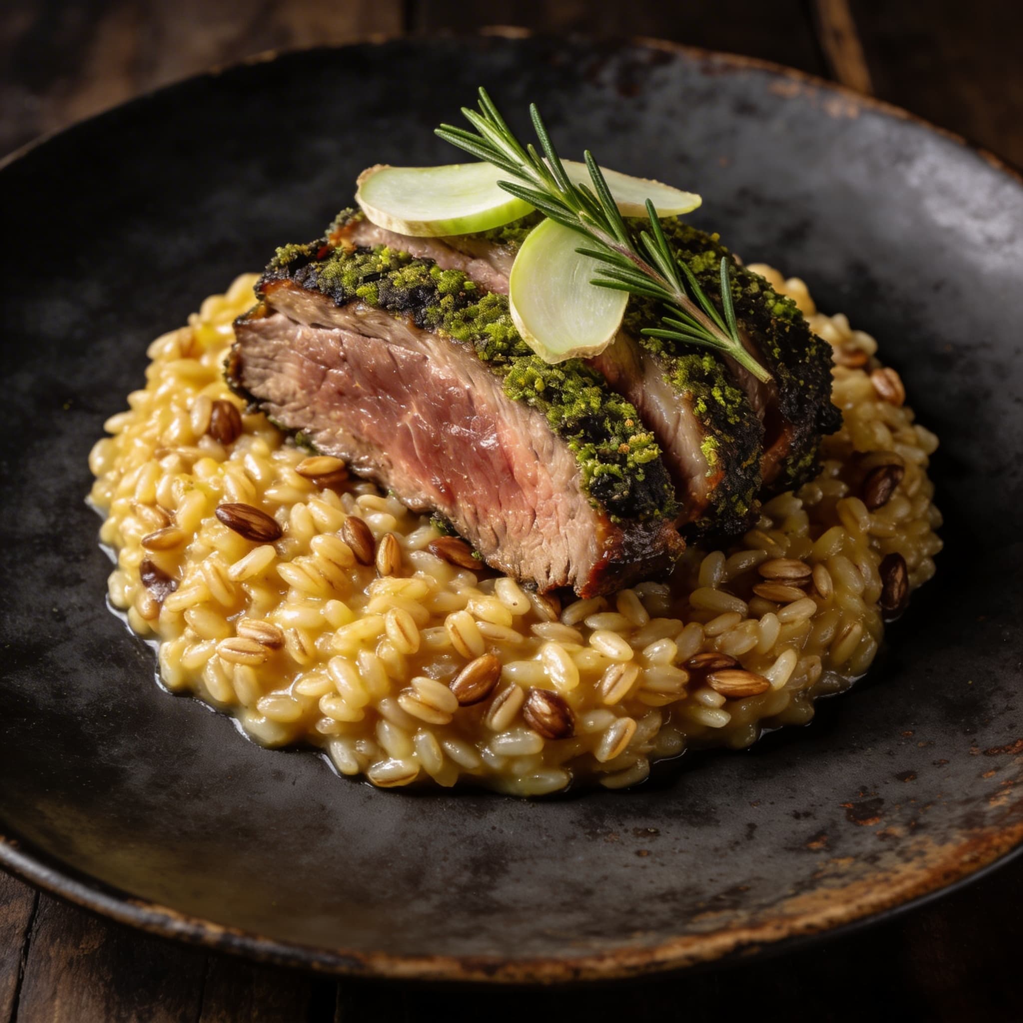 Lemongrass Farro Risotto with Herb-Crusted Lamb