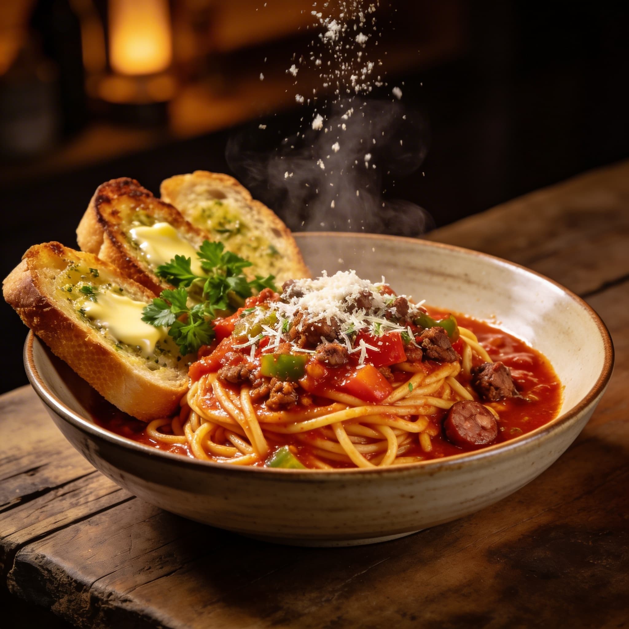 Veg-Loaded Pasta Meat Sauce & Garlic Bread
