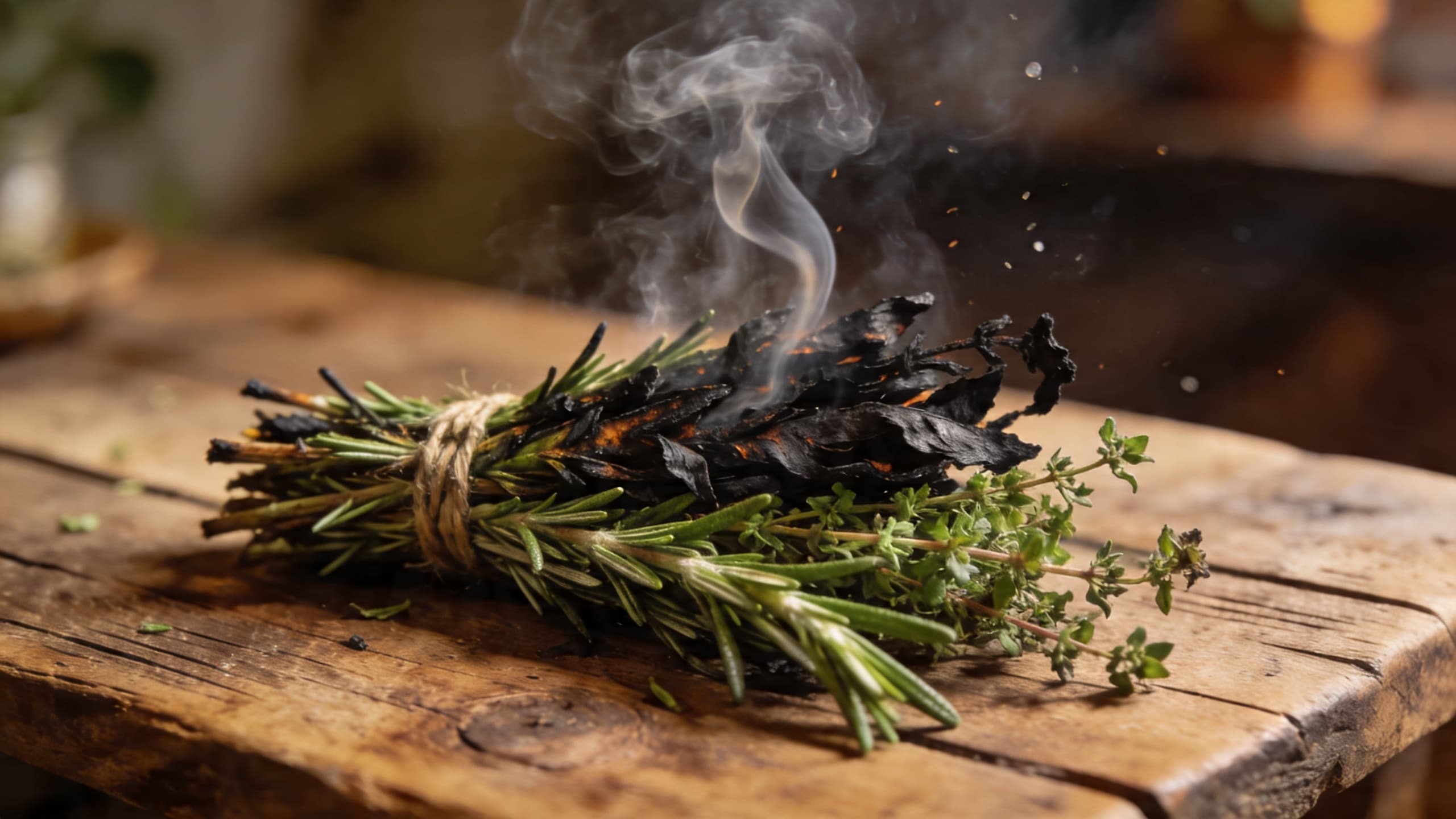 A rustic wooden table with bundles of charred rosemary and thyme, smoke still curling from the blackened leaves.