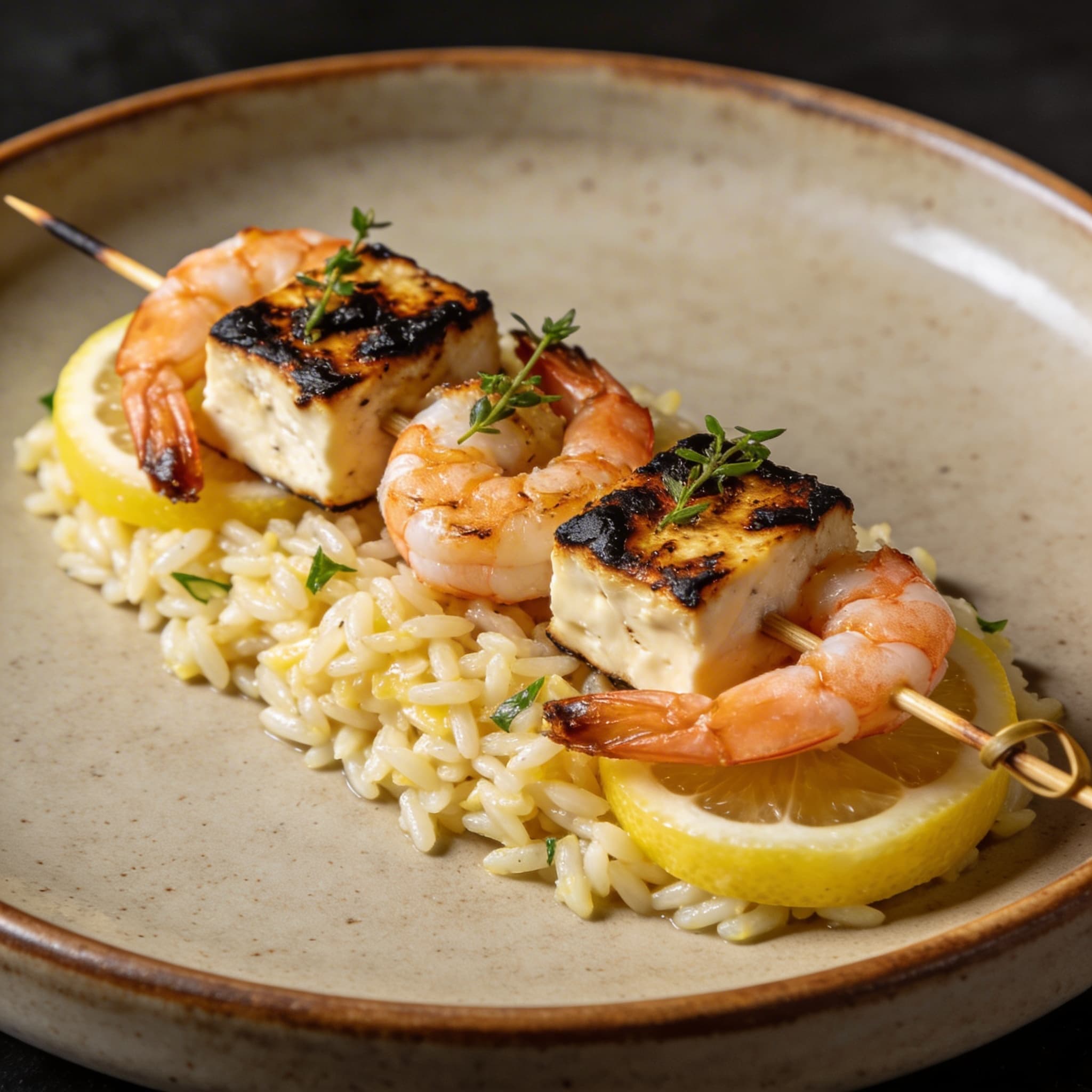 Smoky Charred Feta & Shrimp Skewers over Lemon Orzo