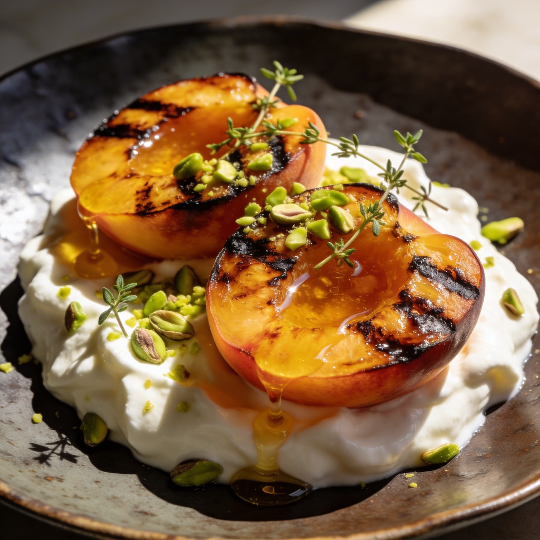Hearth-Charred Peaches with Honeyed Yogurt & Pistachio