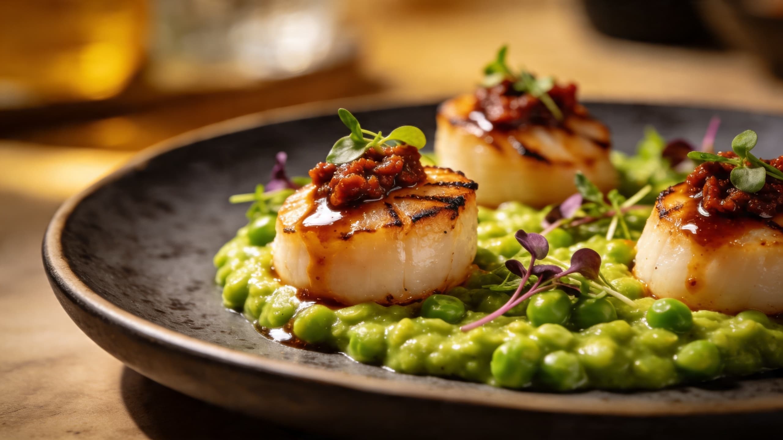 A beautifully plated dish featuring grilled U-10 scallops topped with a 'Nduja-Miso glaze, served over a bright pea purée with micro-herbs.