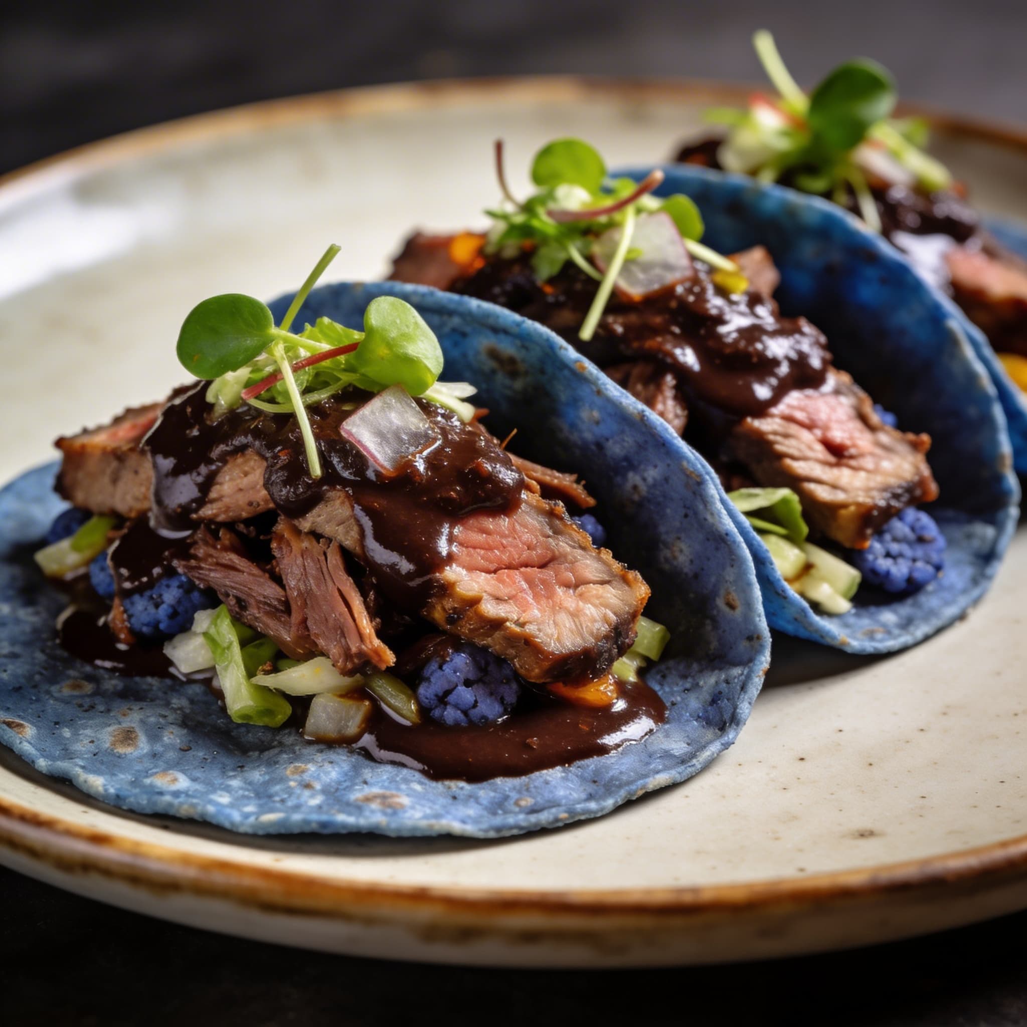 Hearth-Smoked Lamb Tacos with Blue Corn & Cacao Mole