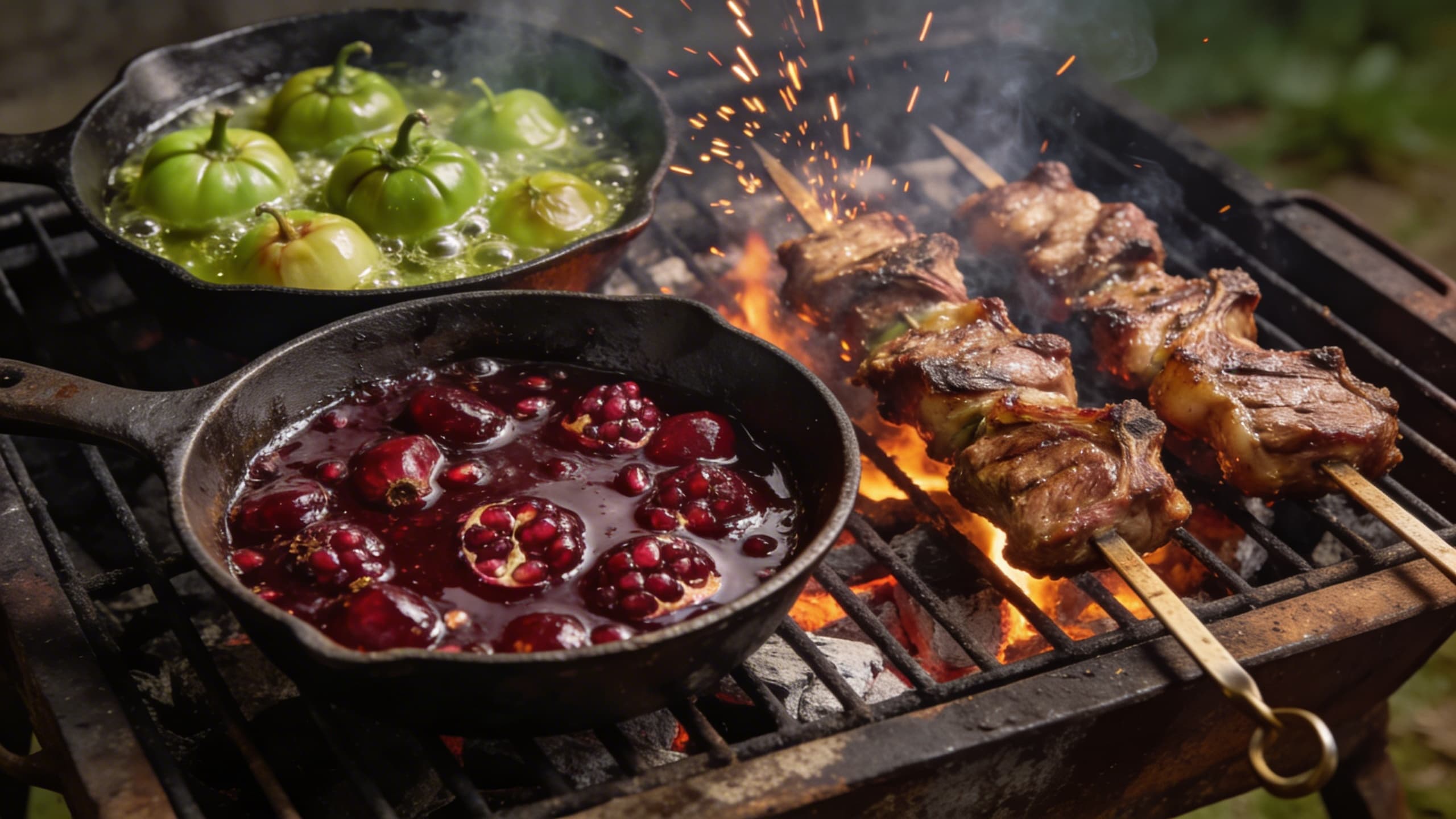 A rustic outdoor grill setup with cast iron pans filled with bubbling colorful glazes next to skewers of lamb.