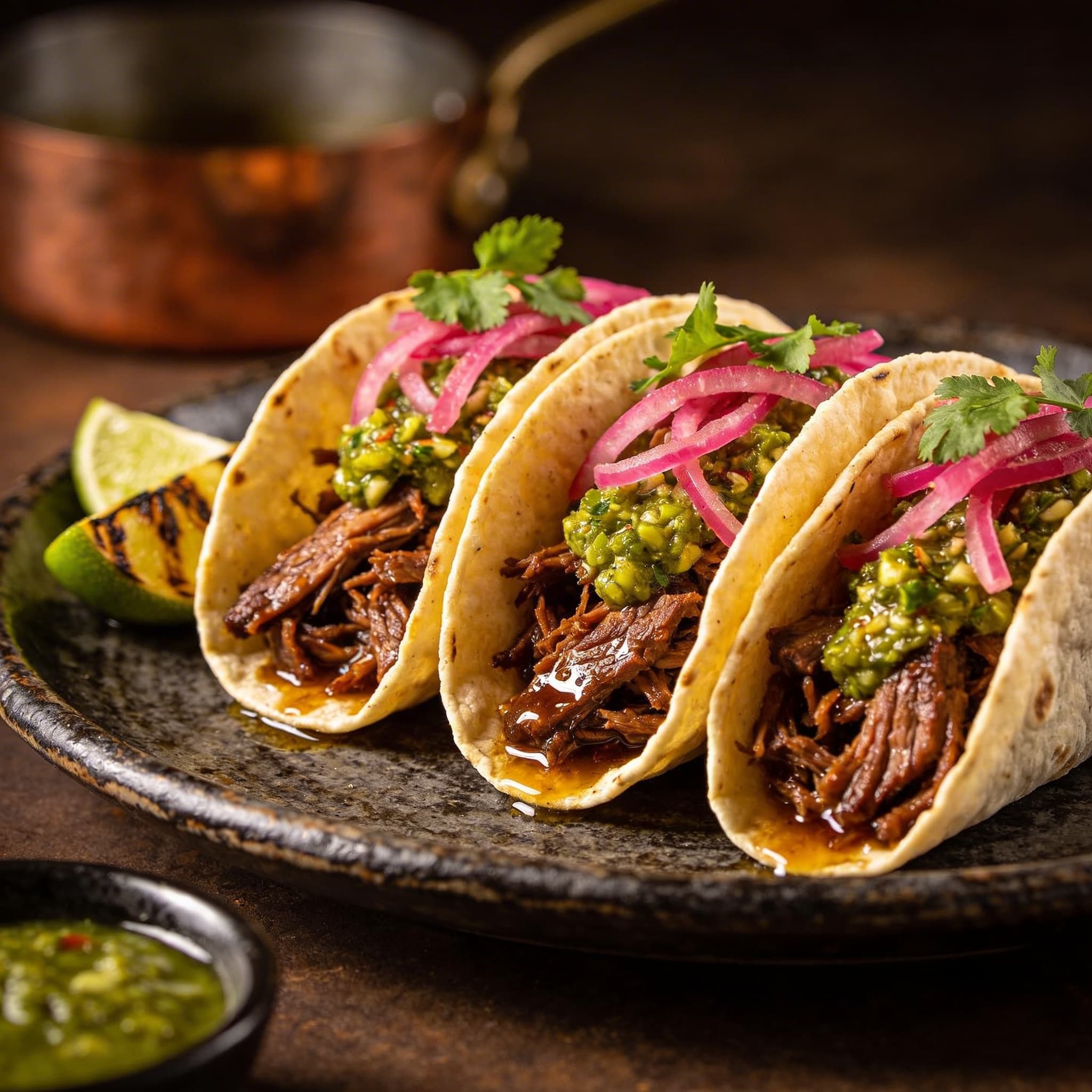 Smoked Lamb Barbacoa Tacos with Mediterranean Salsa Verde