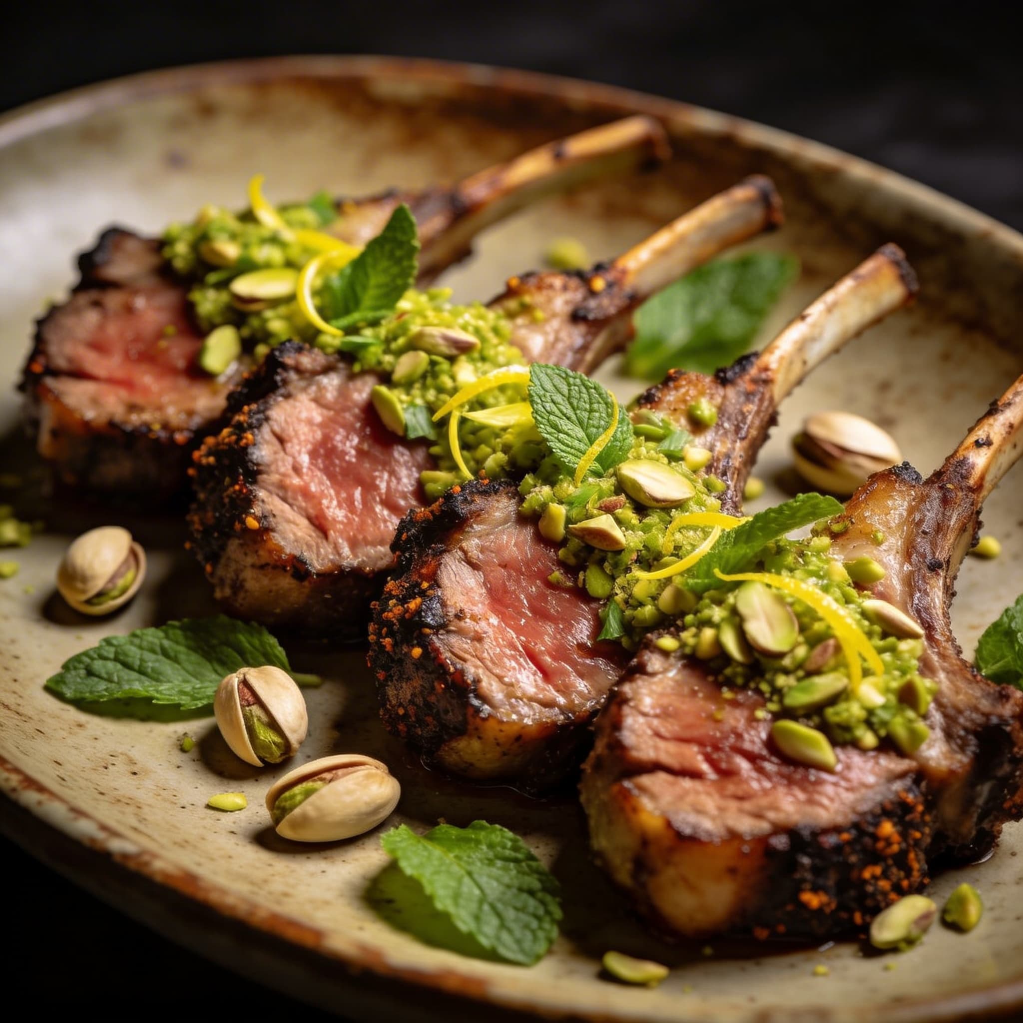 Hearth-Smoked Lamb Chops with Pistachio Gremolata