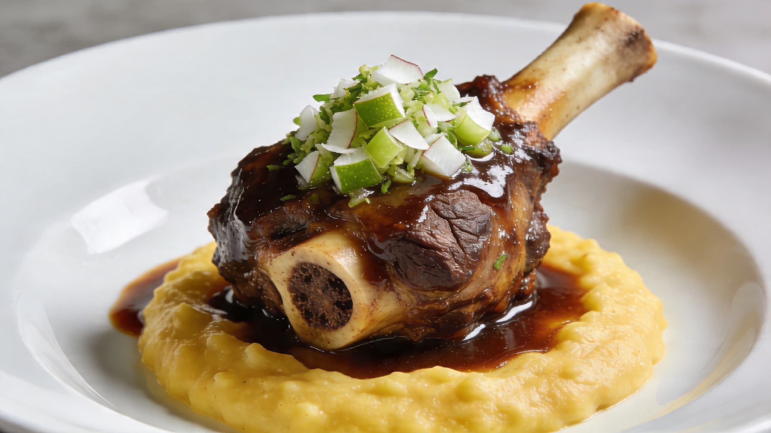A beautifully plated Osso Buco shank resting on a bed of creamy polenta, garnished with a vibrant coconut-lime gremolata and fresh herbs, with a glistening reduction drizzled over the top.