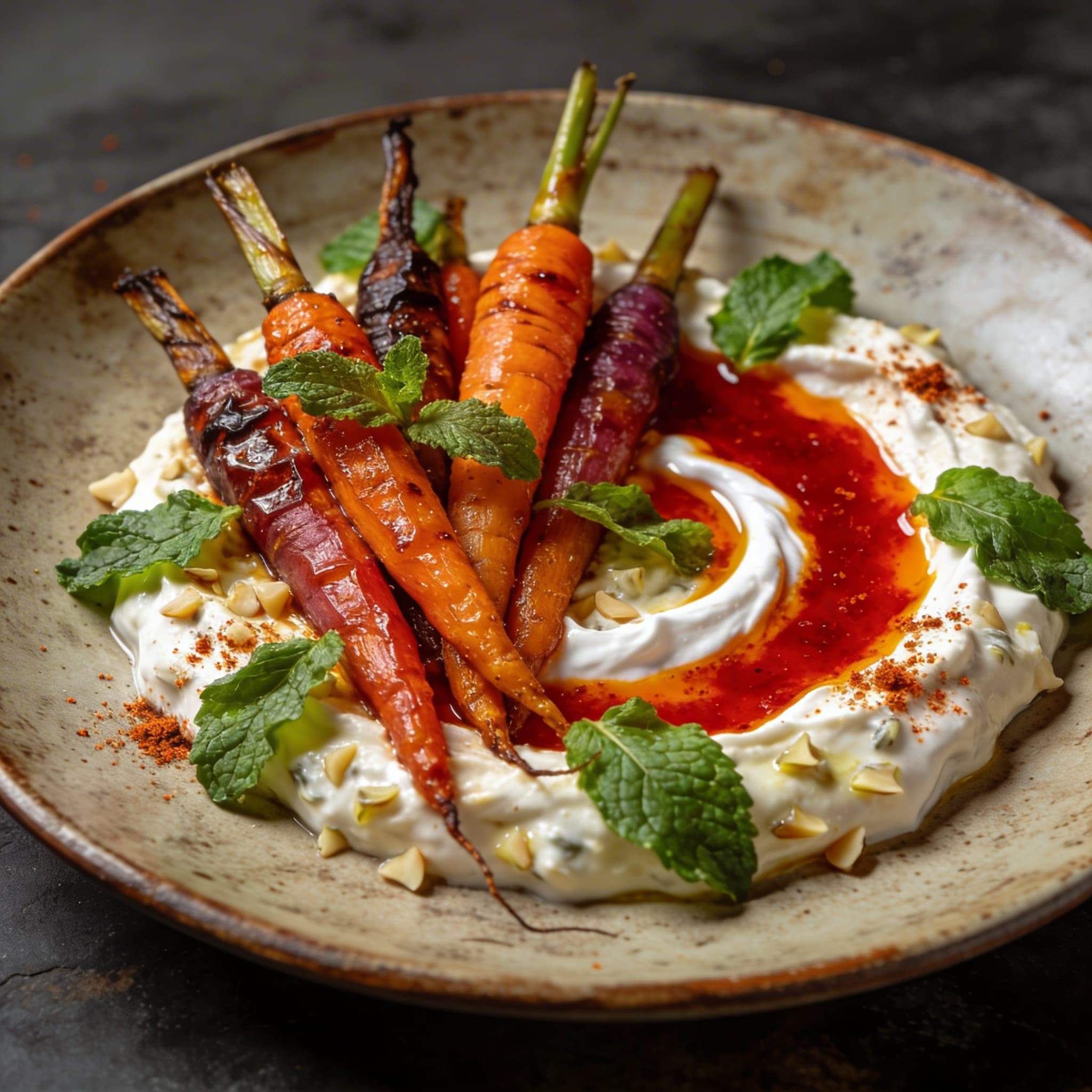 Sizzling Maras Butter Carrots over Garlic Labneh
