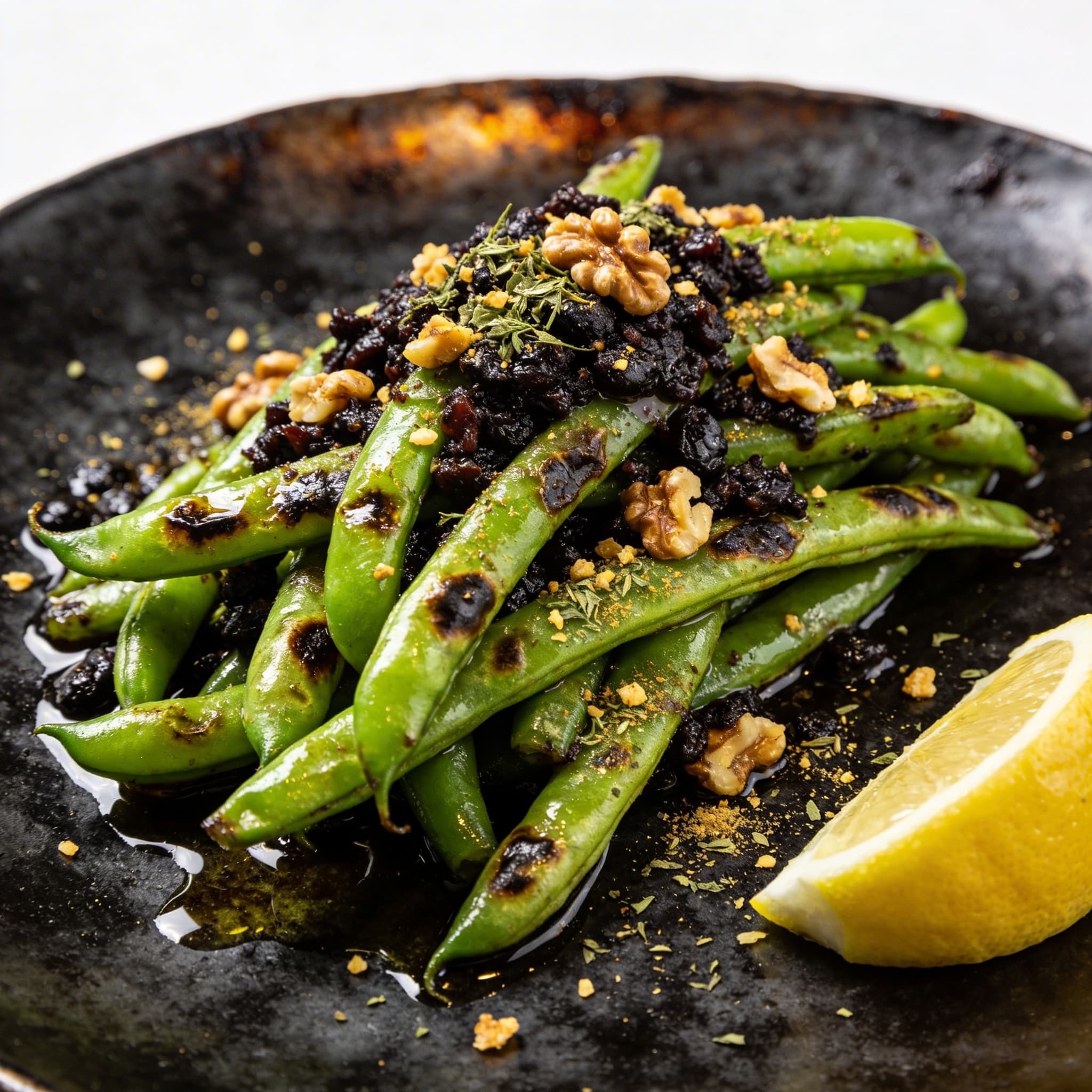 Silk Road Blistered Beans with Black Bean & Walnut Crumble