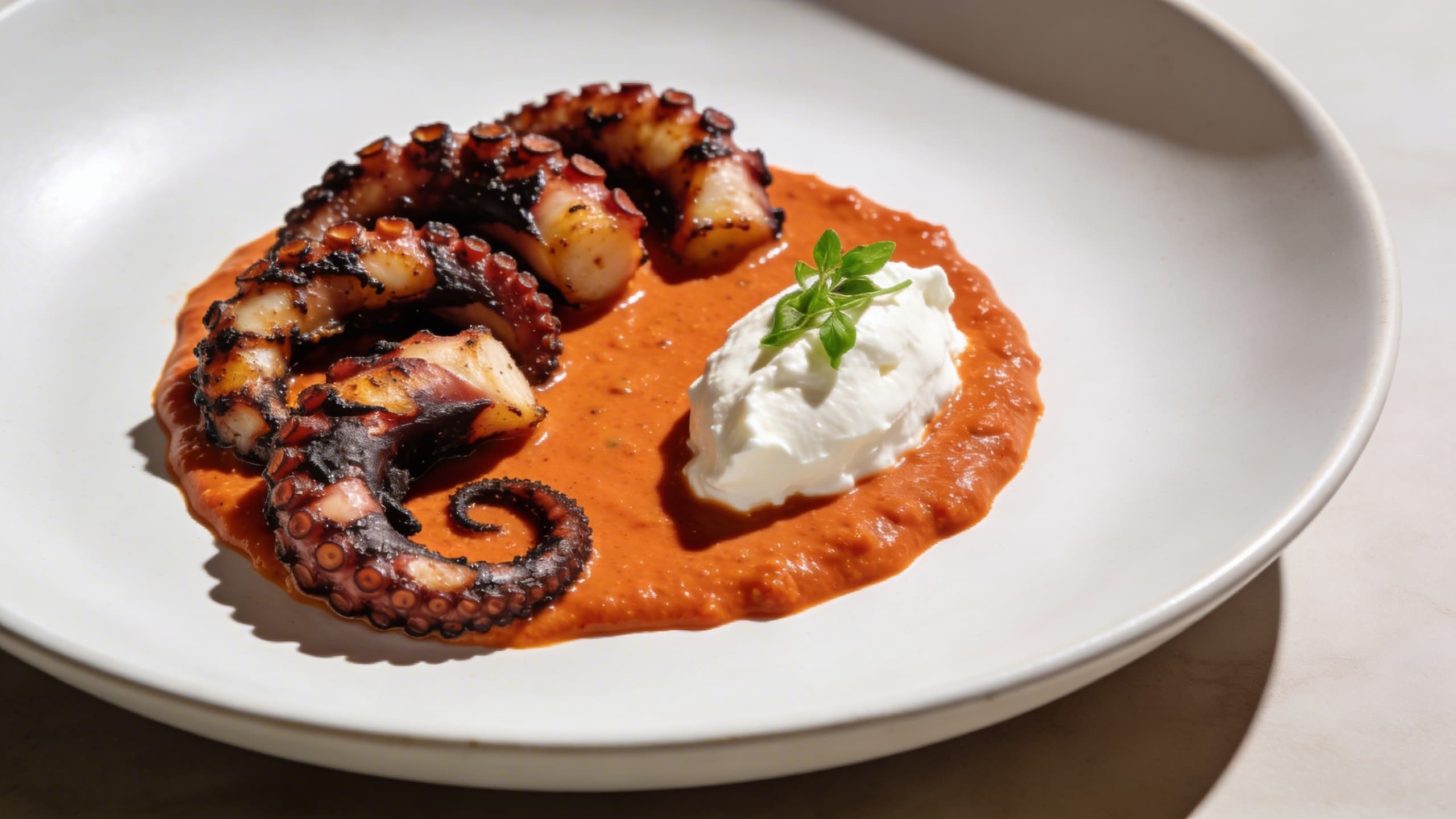 Image 2: A plated dish featuring charred octopus with a smear of 'nduja oil and a dollop of cool, whipped feta.