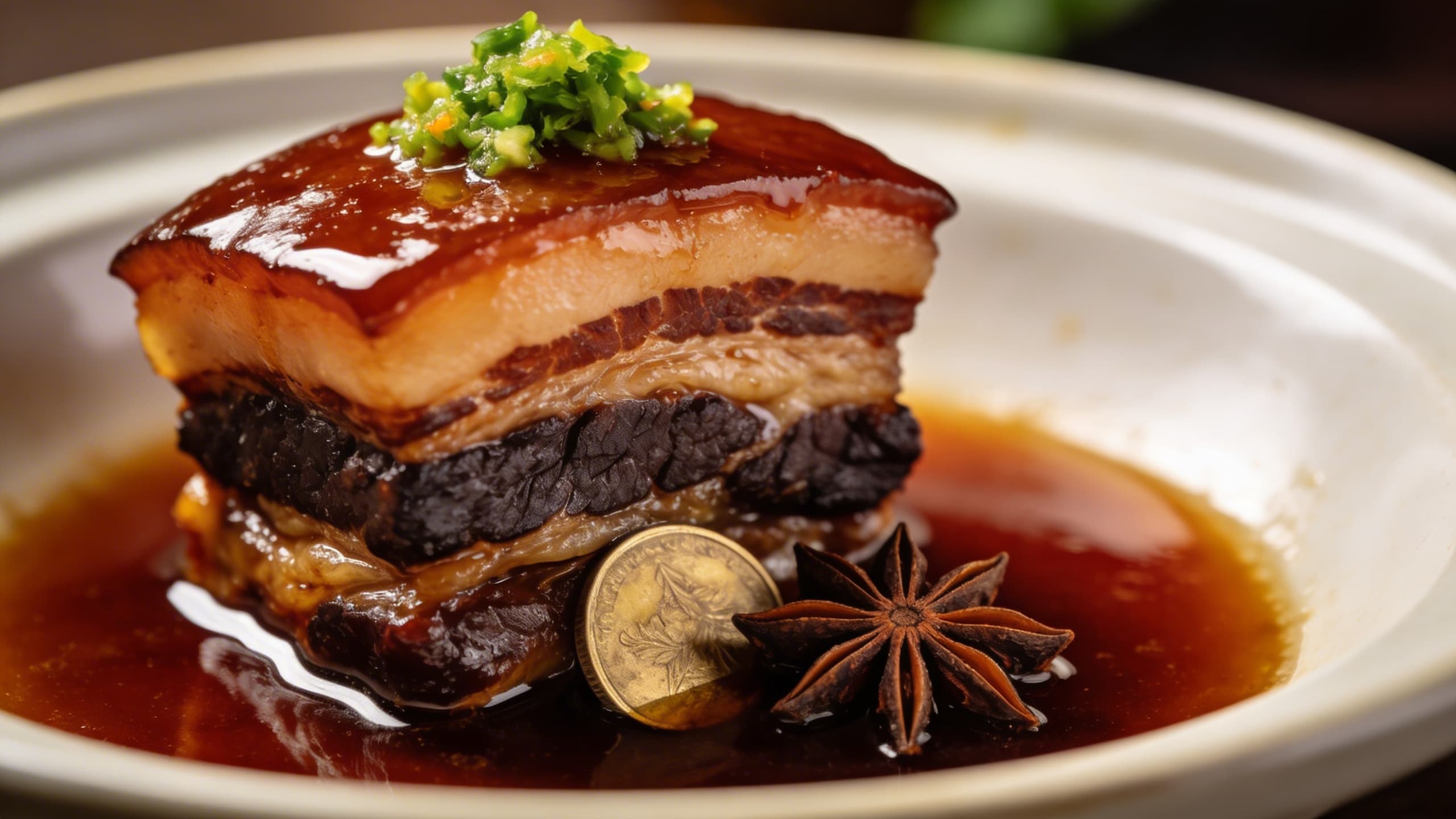 Image 2: A cross-section of a slow-braised pork belly, showing the succulent fat layers and the deep mahogany sauce infused with galangal and star anise.
