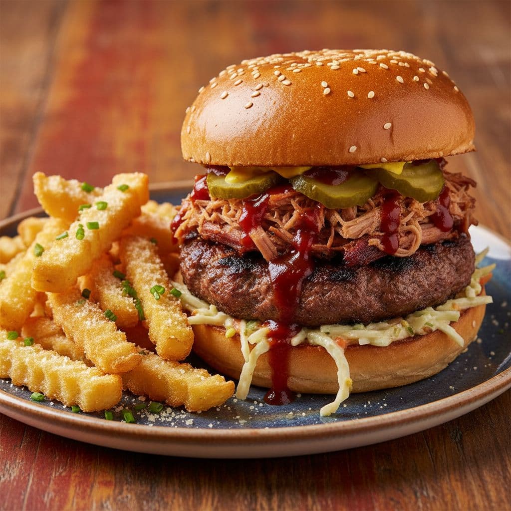 Memphis BBQ Pulled Pork Burger & Parm Fries