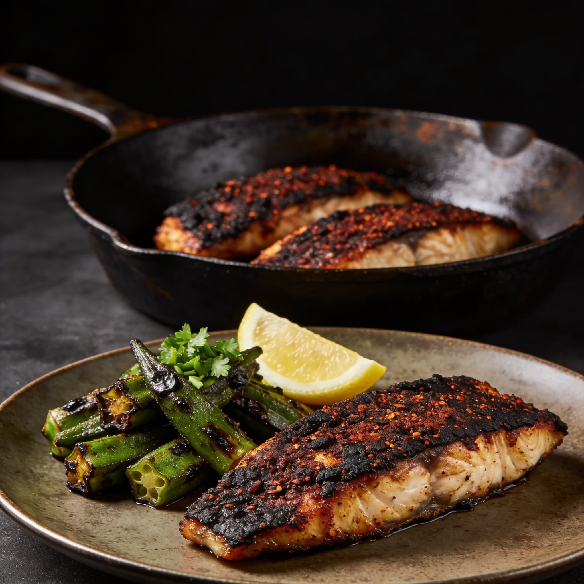 Blackened Catfish with Roasted Okra