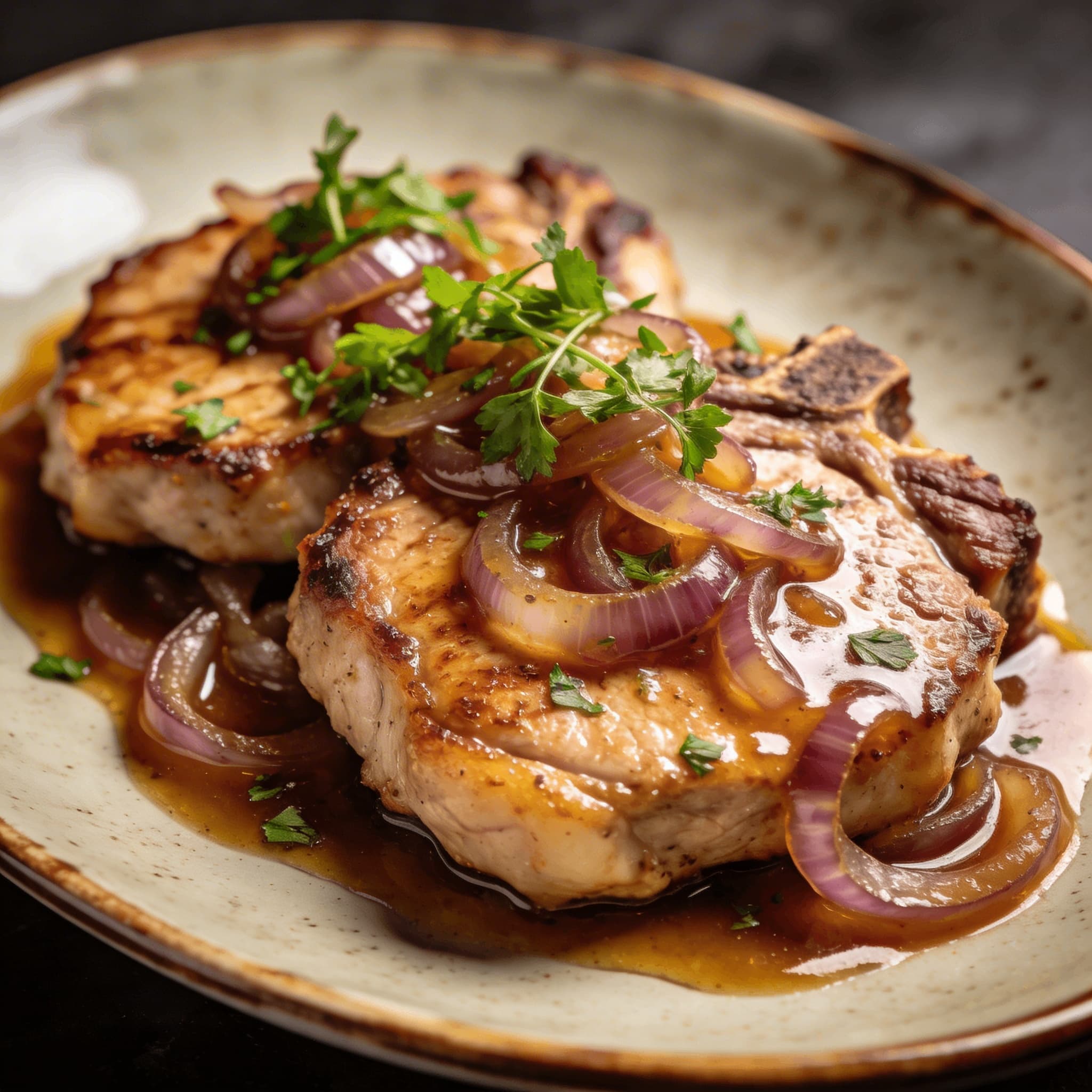 Lean Smothered Pork Chops with Onion Reduction
