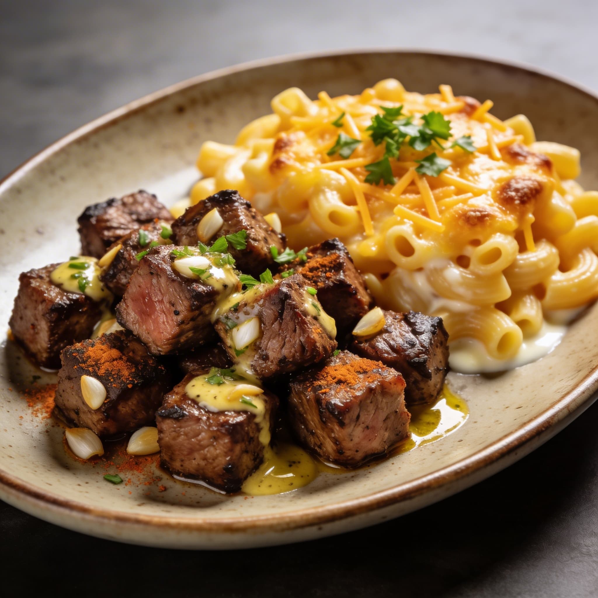 Garlic Butter Steak Bites & Baked Mac and Cheese