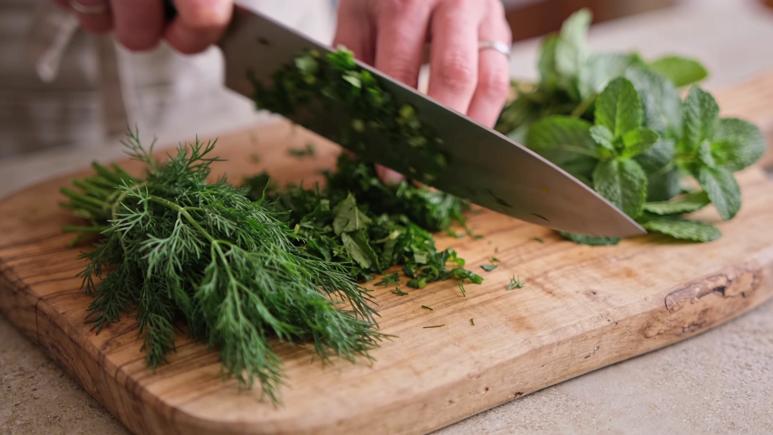 A rustic wooden board with bunches of fresh dill and mint being finely chopped with a sharp knife.
