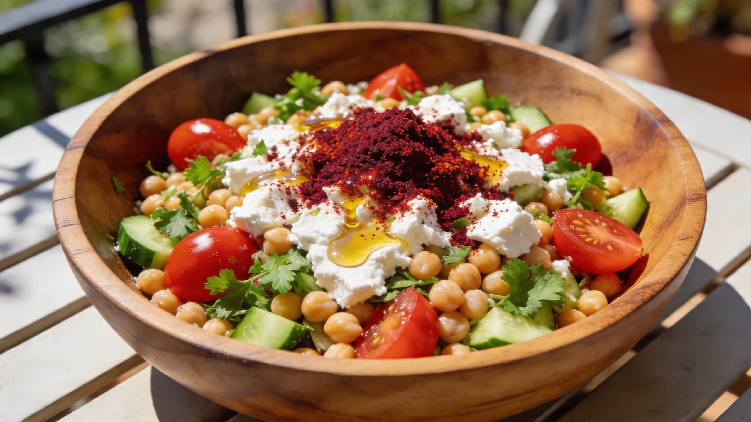 A vibrant Mediterranean salad with chickpeas, cucumbers, and tomatoes, topped with a generous dusting of sumac and a swirl of Greek yogurt.