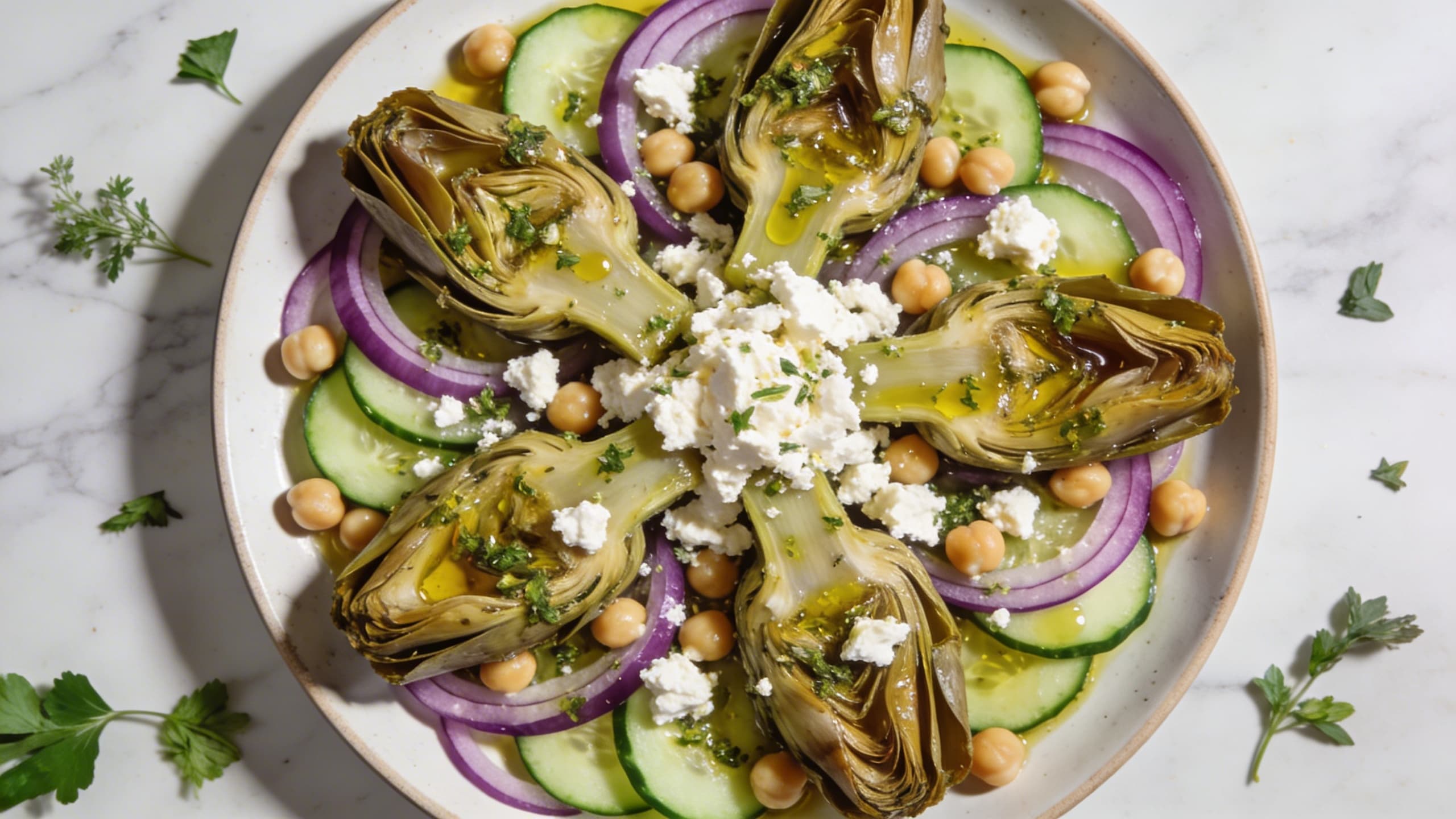 A vibrant Mediterranean platter featuring marinated artichokes, thinly sliced cucumbers, red onions, and chickpeas, drizzled with herb-infused oil and topped with crumbled feta.