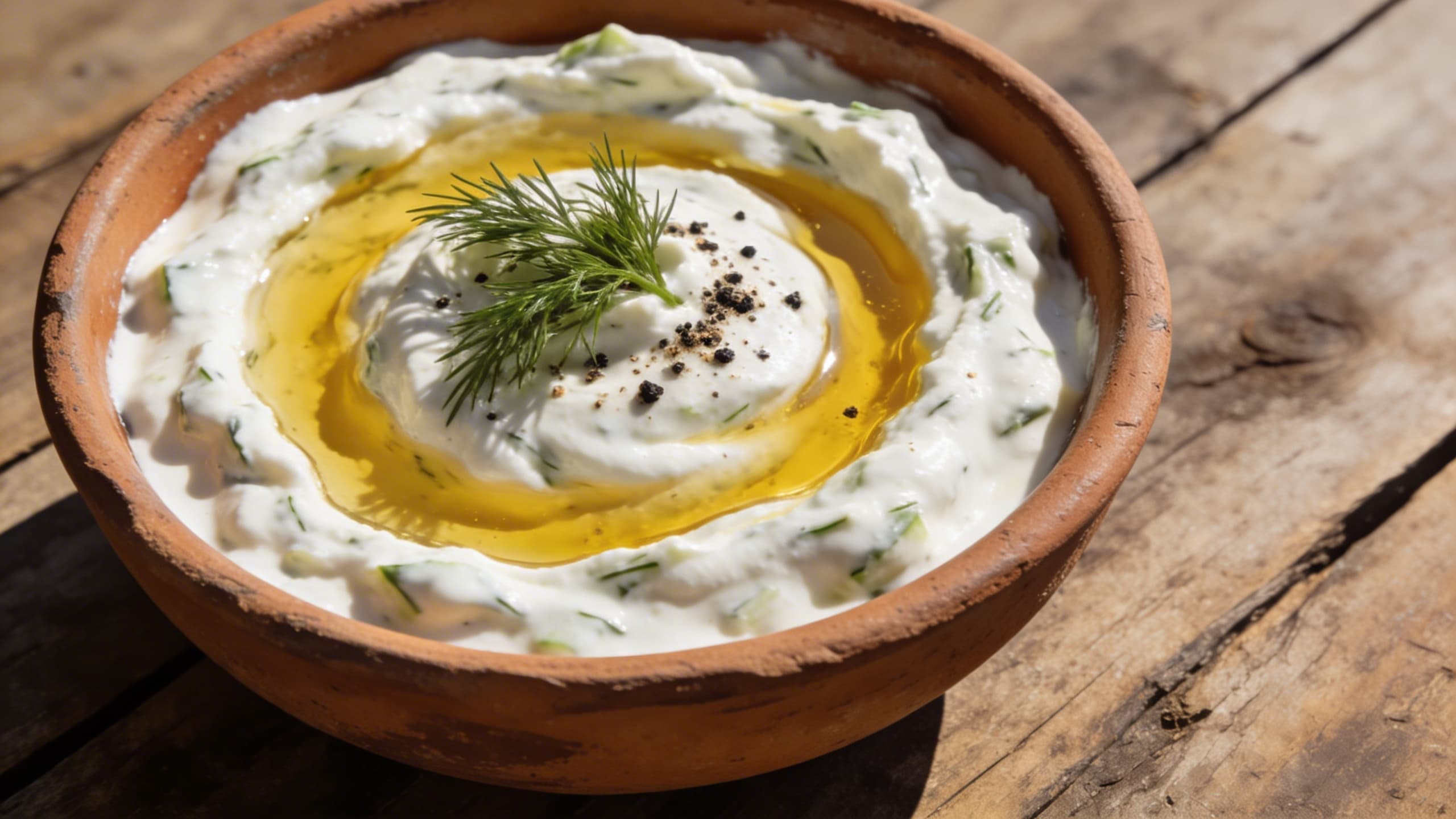 A close-up of thick, creamy tzatziki with a deep swirl of golden olive oil and a sprig of fresh dill.