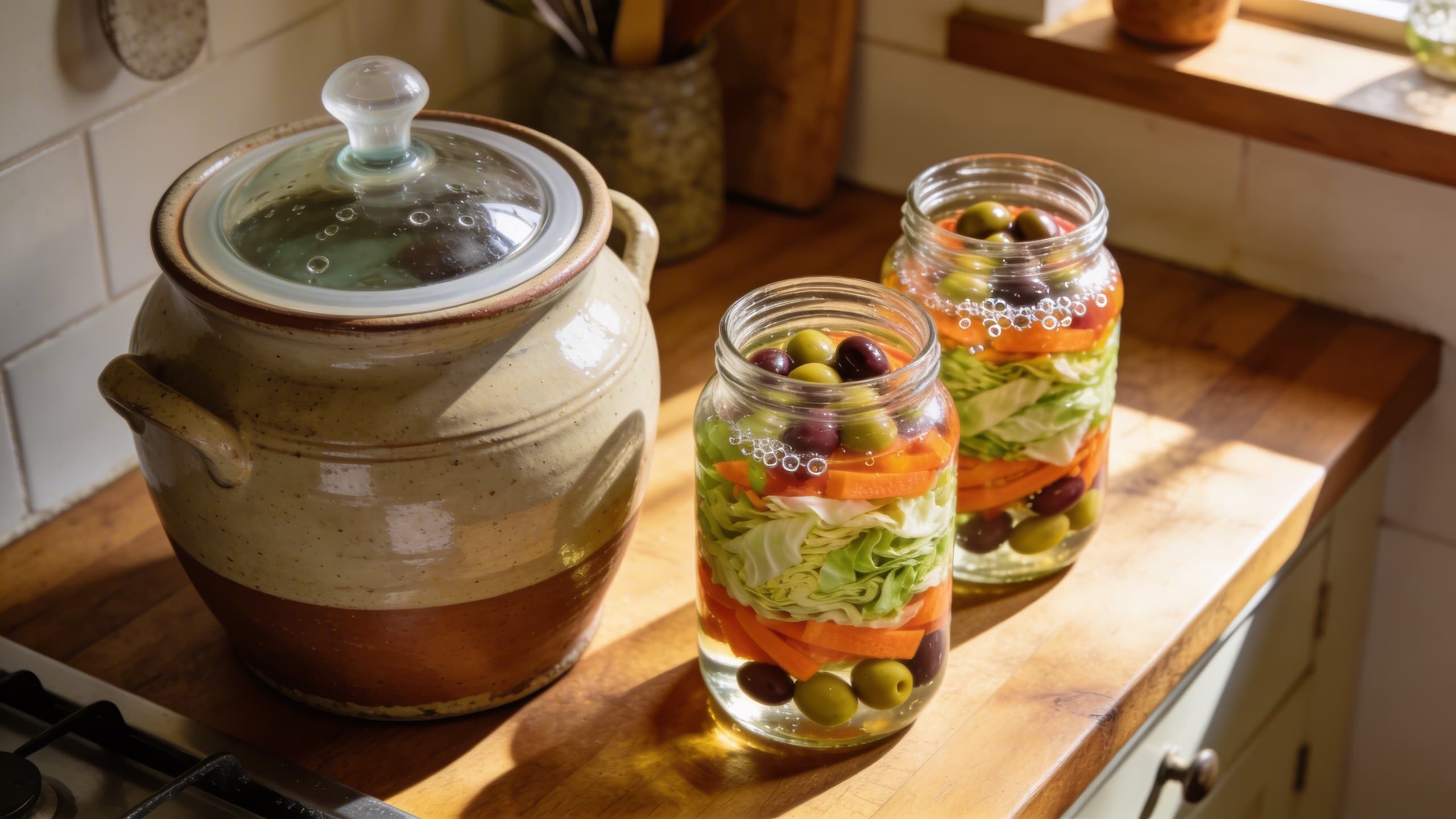 A rustic ceramic fermentation crock alongside glass mason jars filled with colorful bubbling vegetables