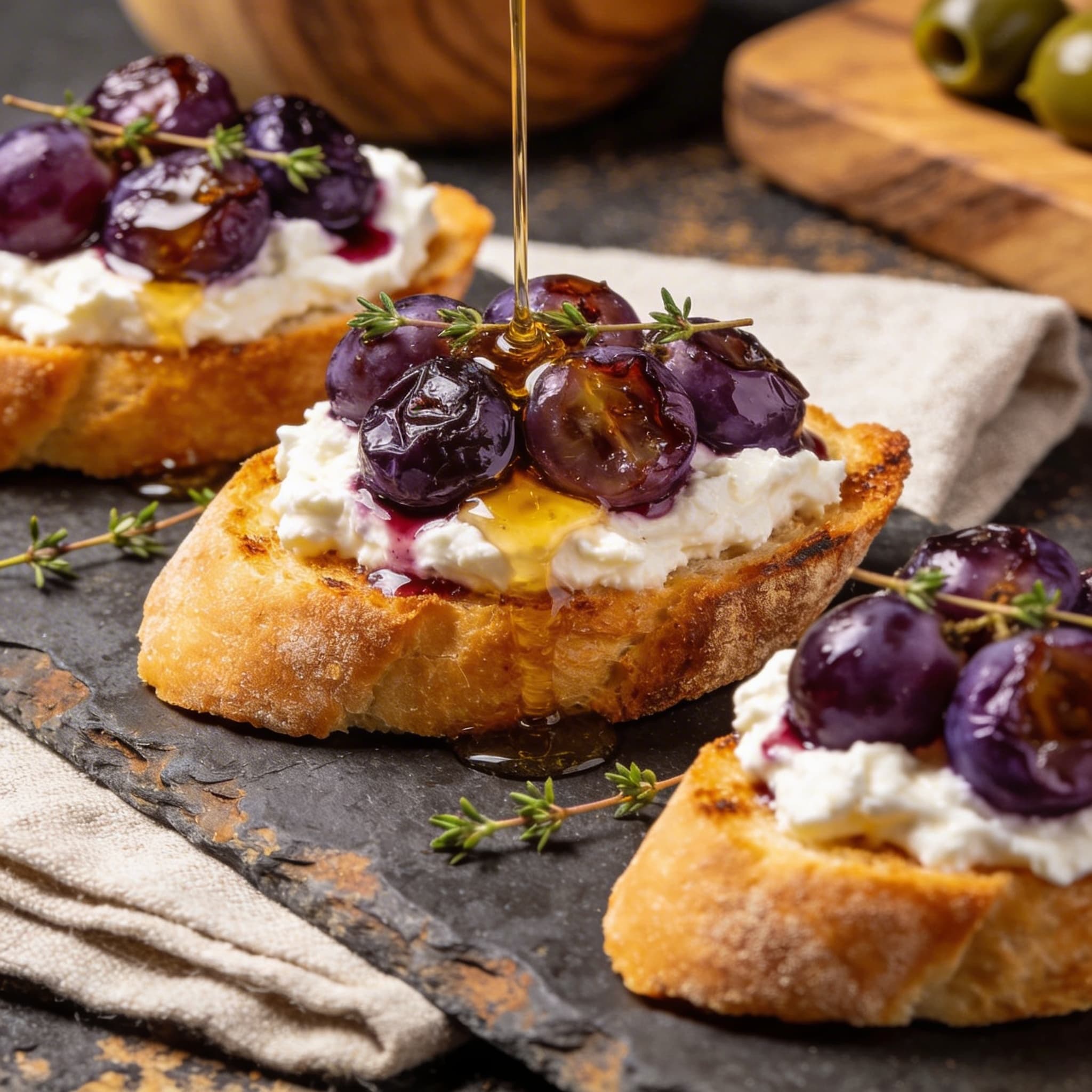Roasted Grape & Whipped Feta Crostini