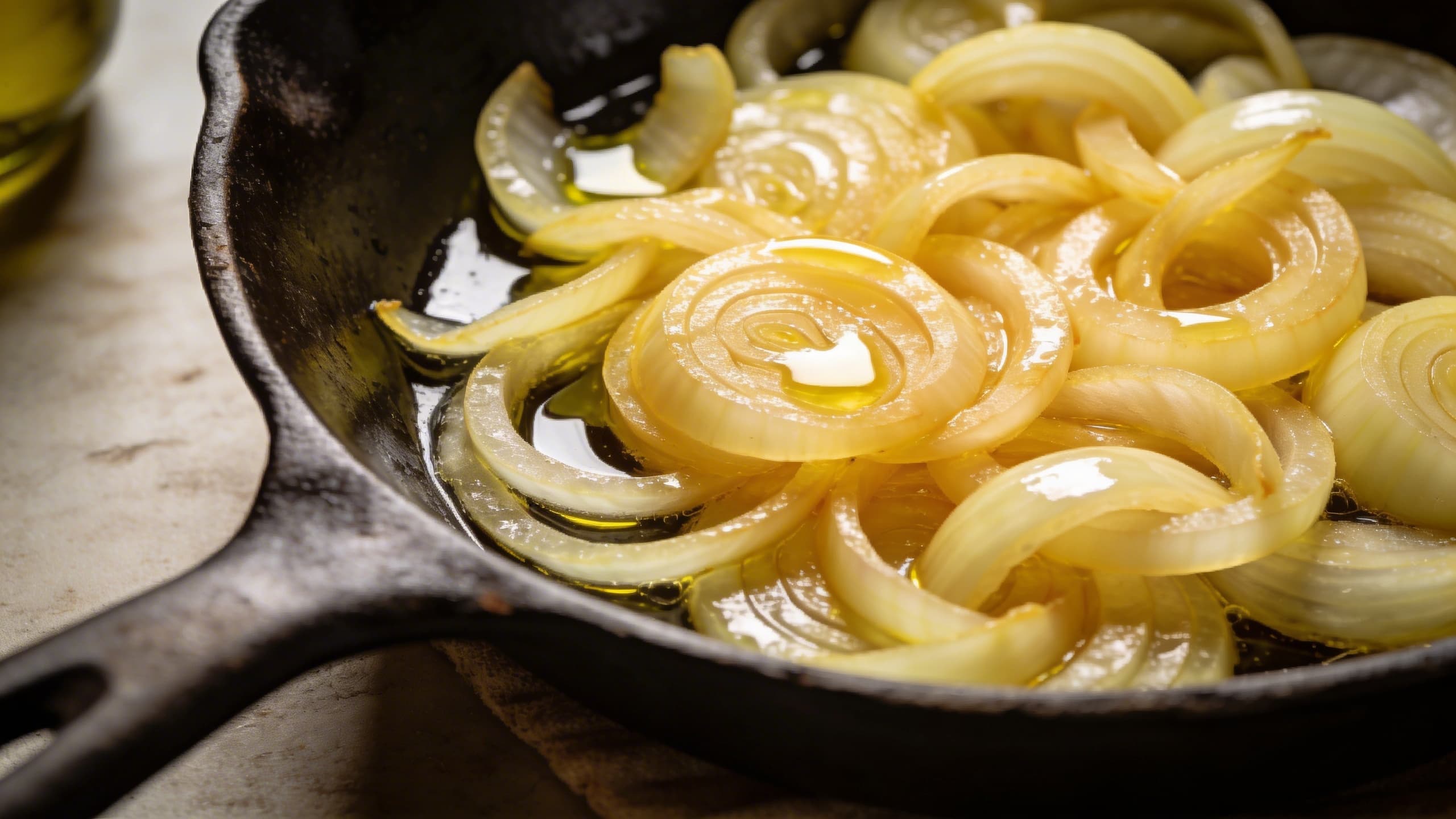 A close-up of sliced yellow onions beginning to soften in a cast-iron skillet, glistening with olive oil and showing the first hints of pale gold color.