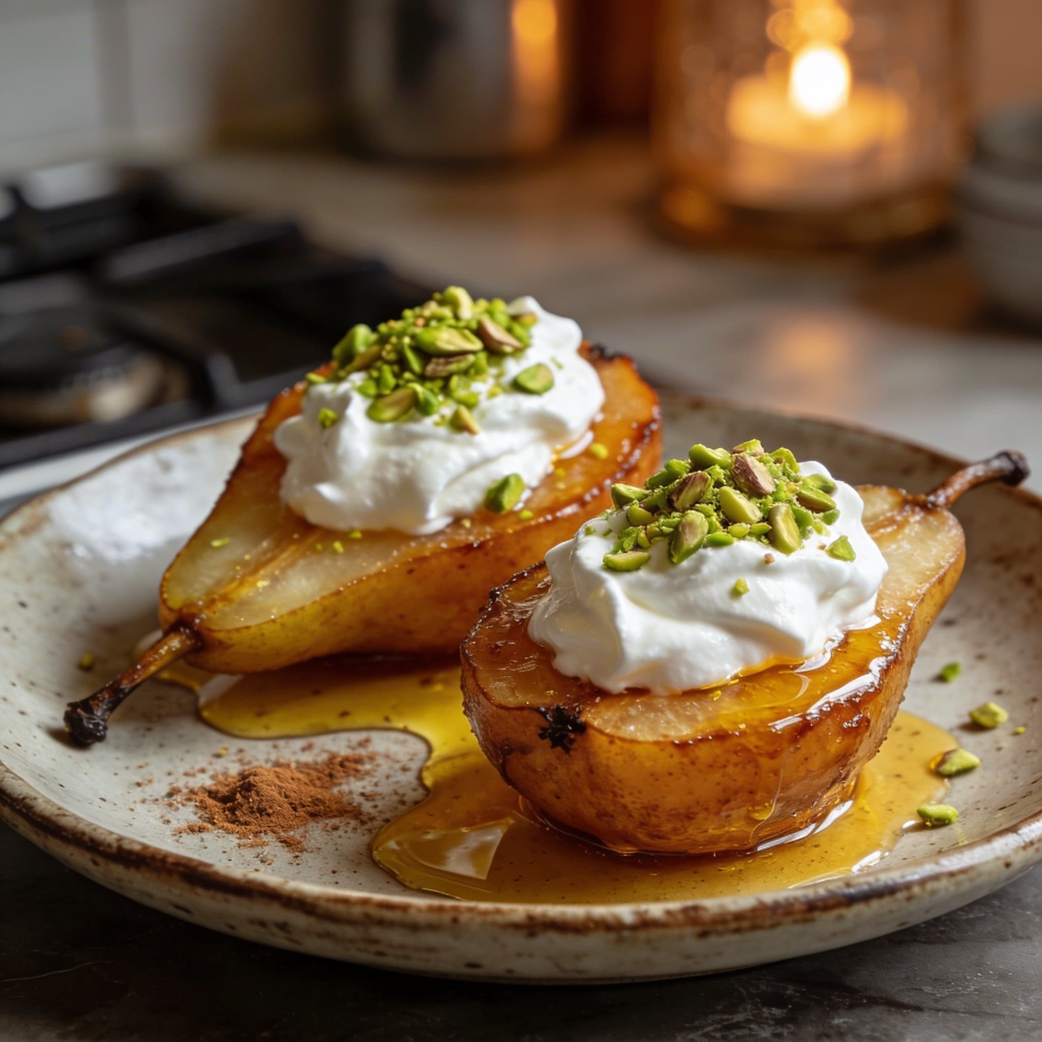 Honey-Roasted Pears with Greek Yogurt & Pistachios