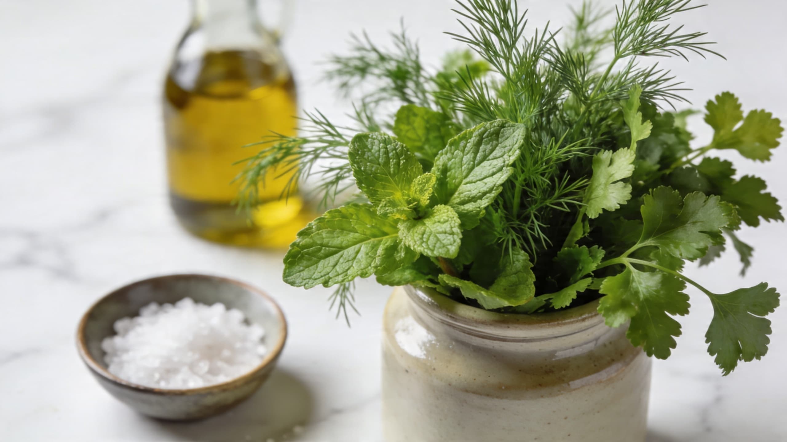 Close-up of fresh Mediterranean herbs like mint, dill, and parsley arranged in a small jar