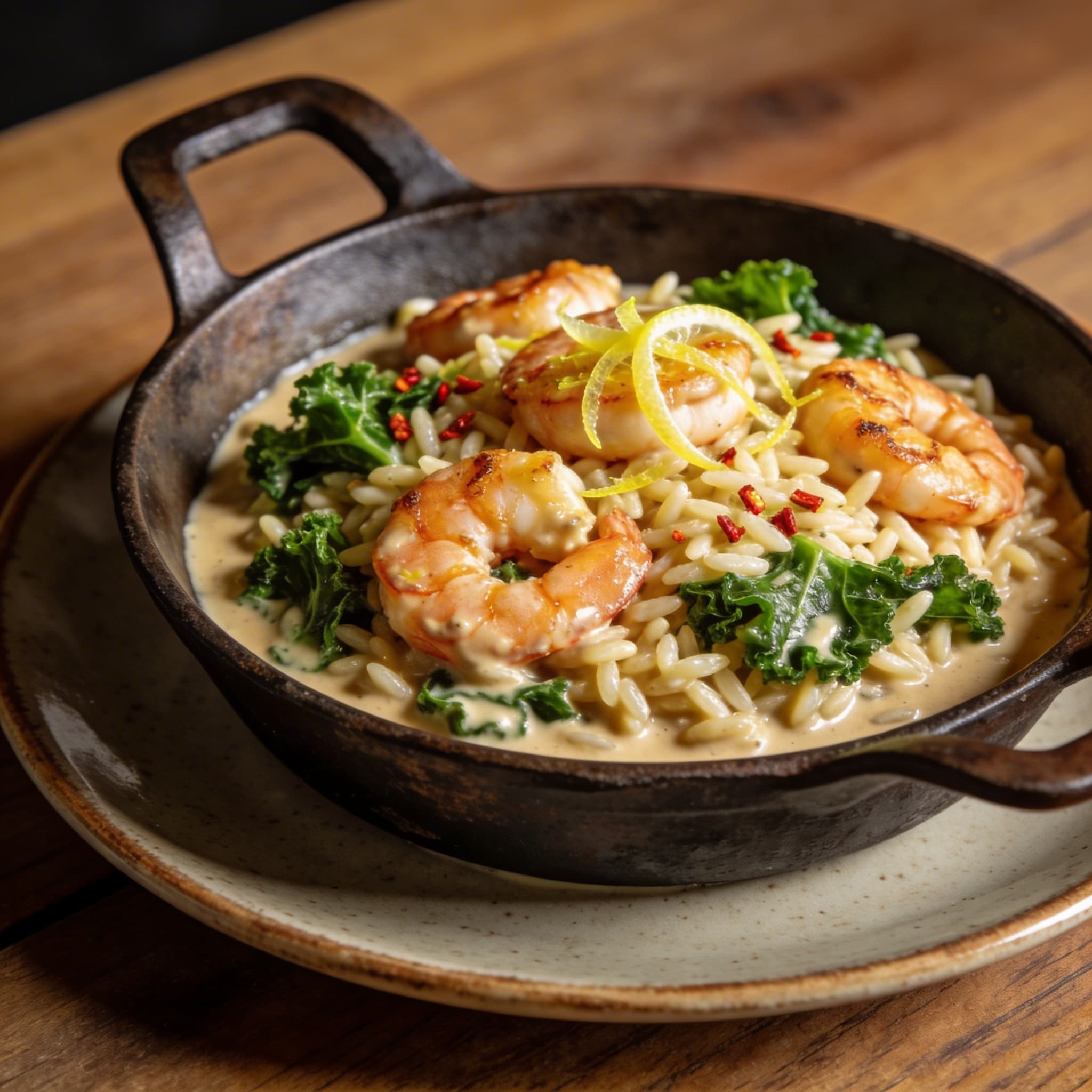 Creamy Tahini Shrimp & Kale Orzo Skillet