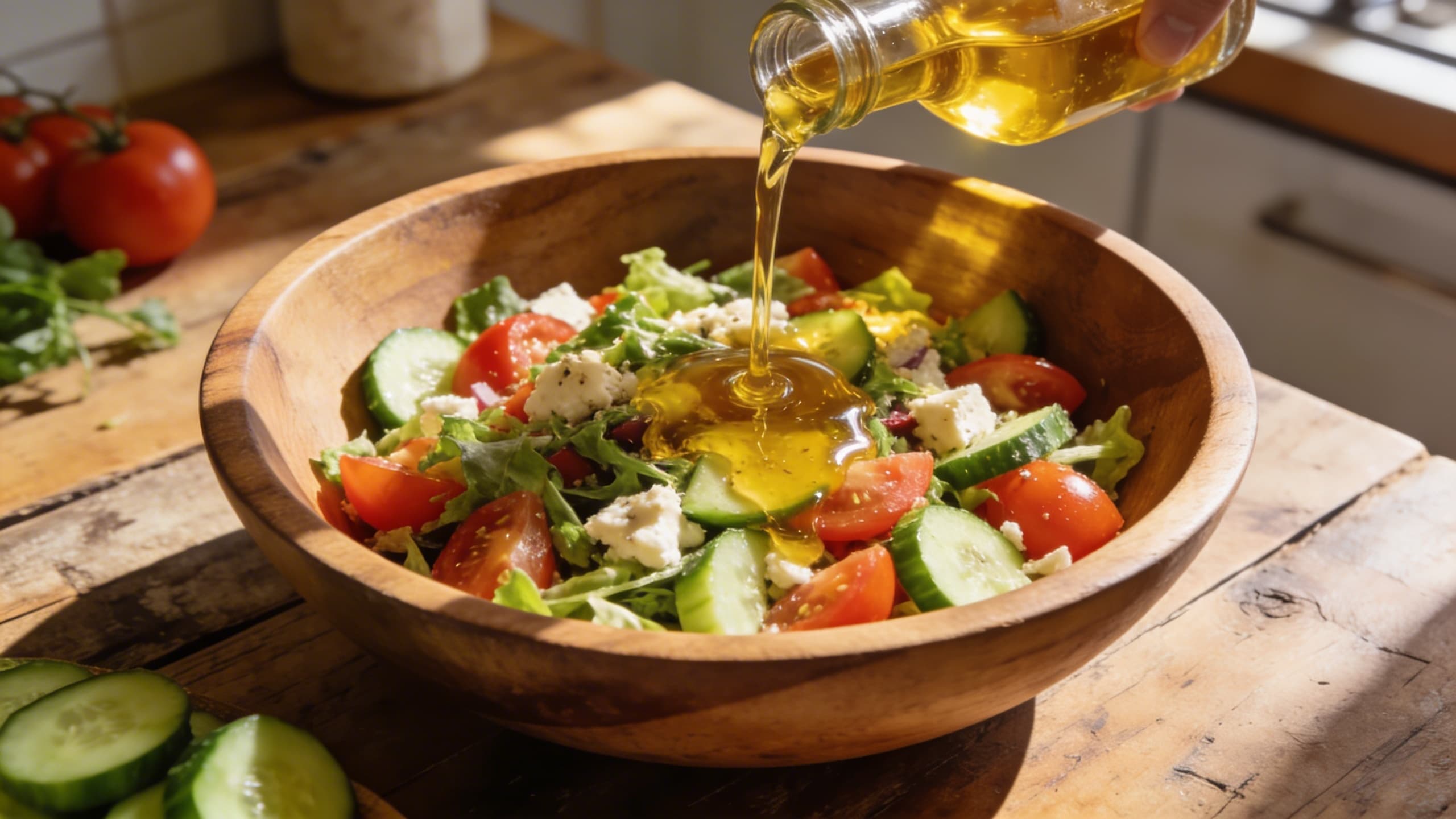 A vibrant Mediterranean salad being drizzled with a perfectly emulsified golden vinaigrette, catching the light on a rustic wooden table.