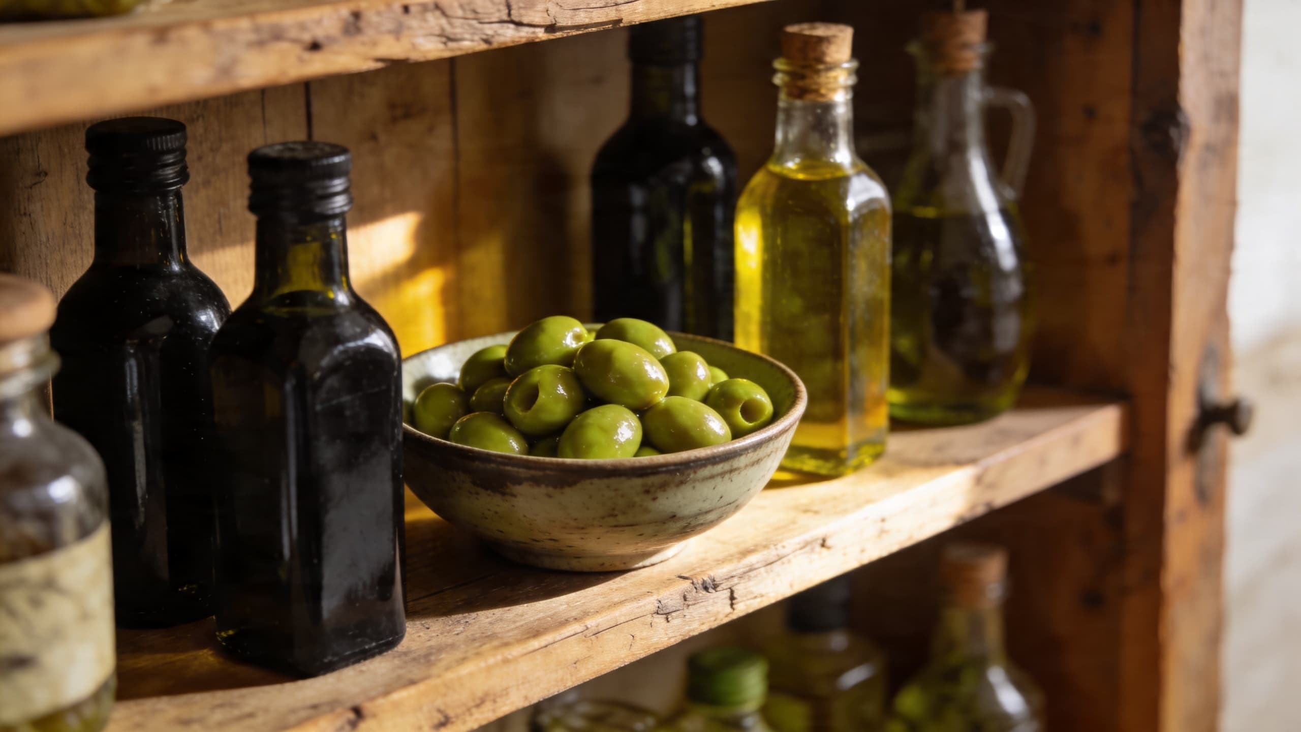 Image 1: A rustic wooden pantry shelf with various dark glass bottles of olive oil and a bowl of fresh green olives.