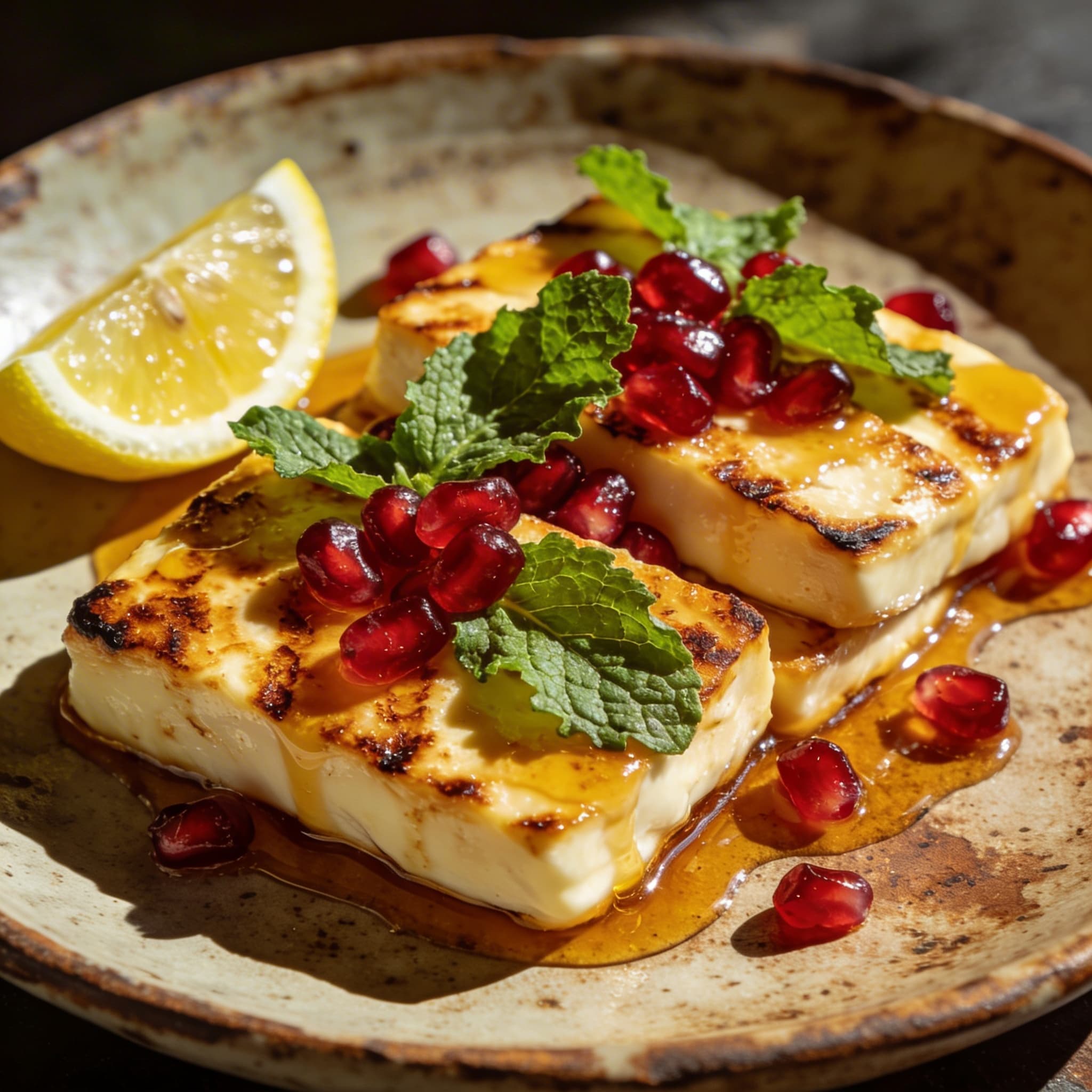 Honey-Glow Seared Halloumi with Pomegranate